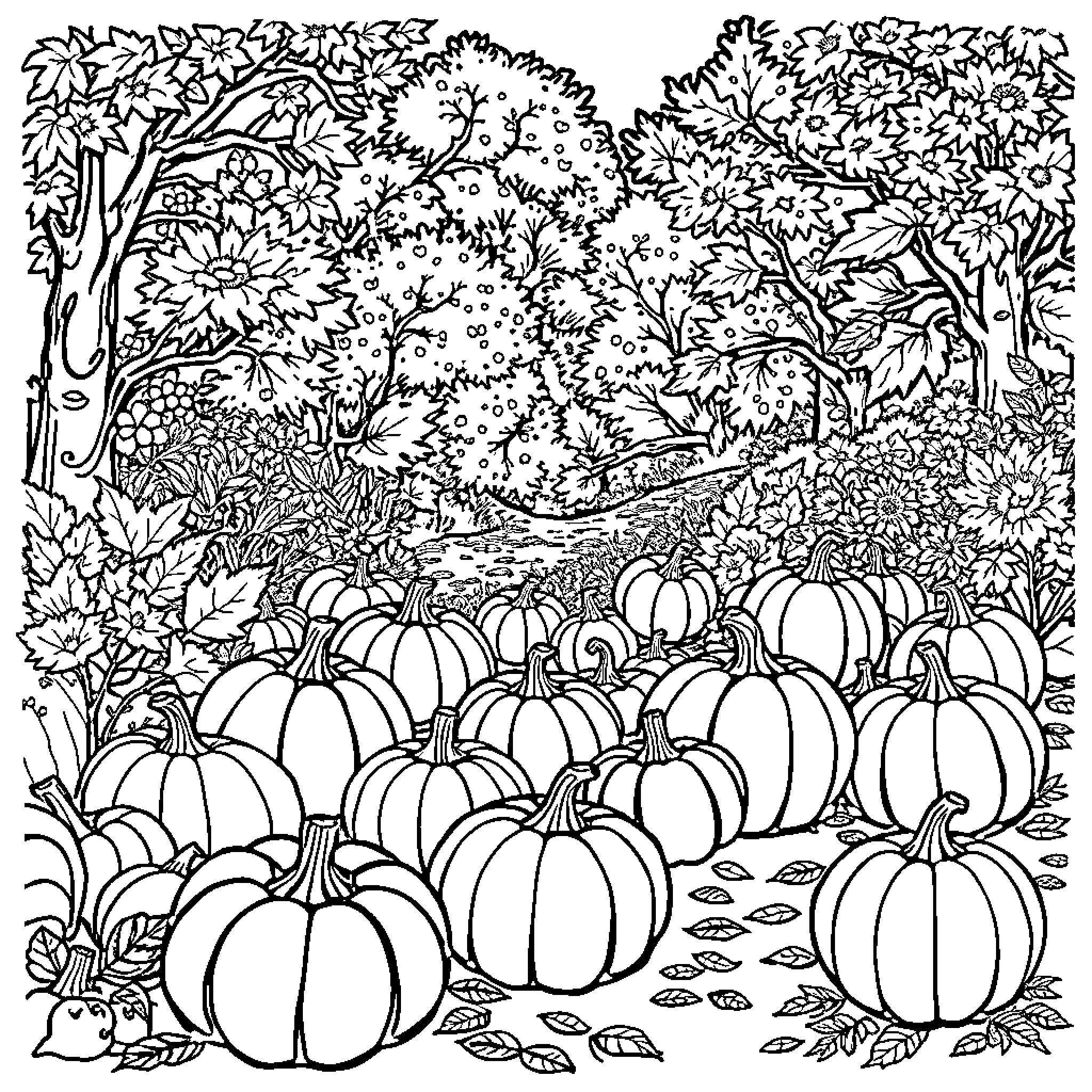Pumpkin Patch in an Autumnal Landscape Coloring Page (free black-and-white line drawing printable PDF for all, from beginners to advanced learners, including children, teens, adults, and seniors)