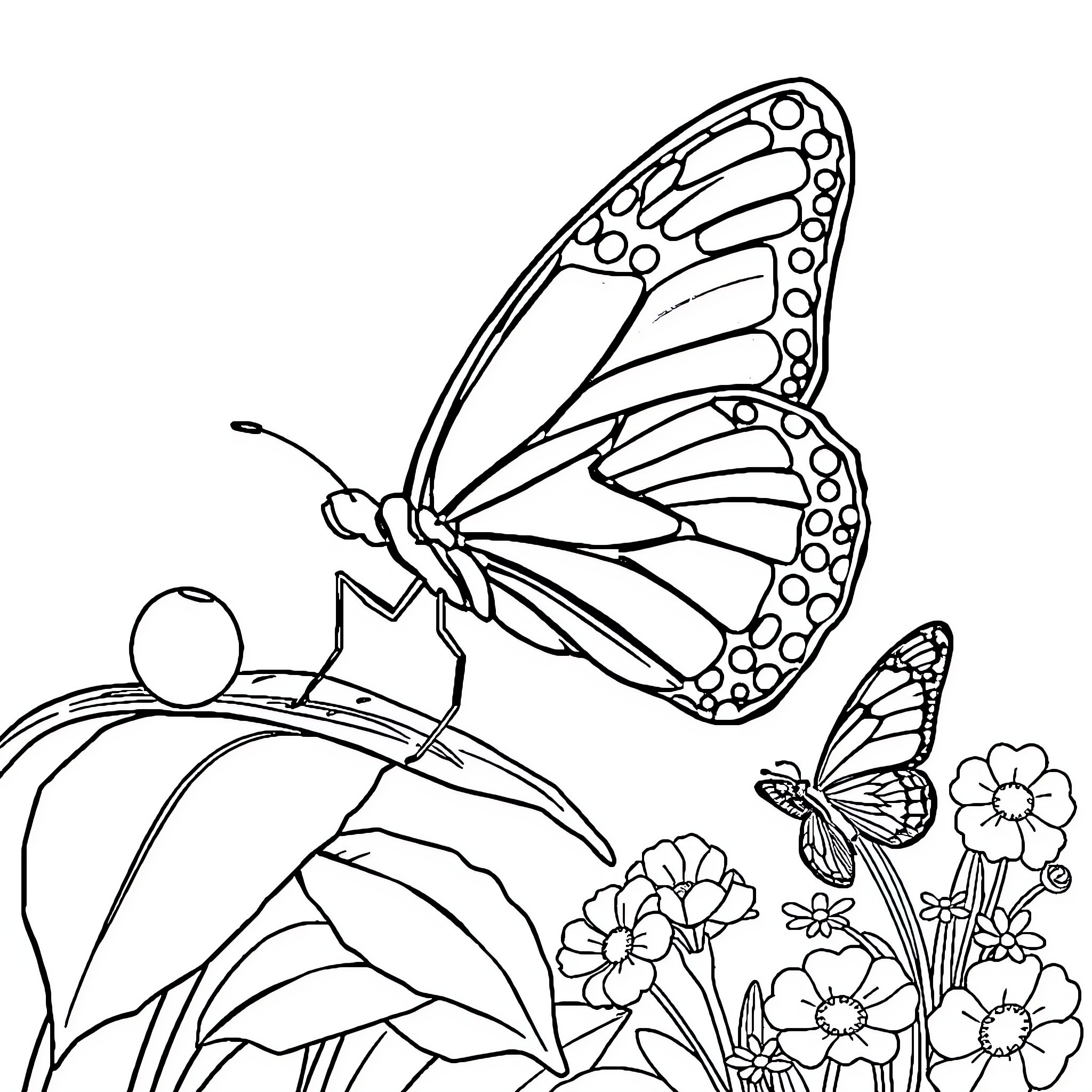 Butterfly dancing among vibrant flowers Coloring Page (free black-and-white line drawing printable PDF for all, from beginners to advanced learners, including children, teens, adults, and seniors)