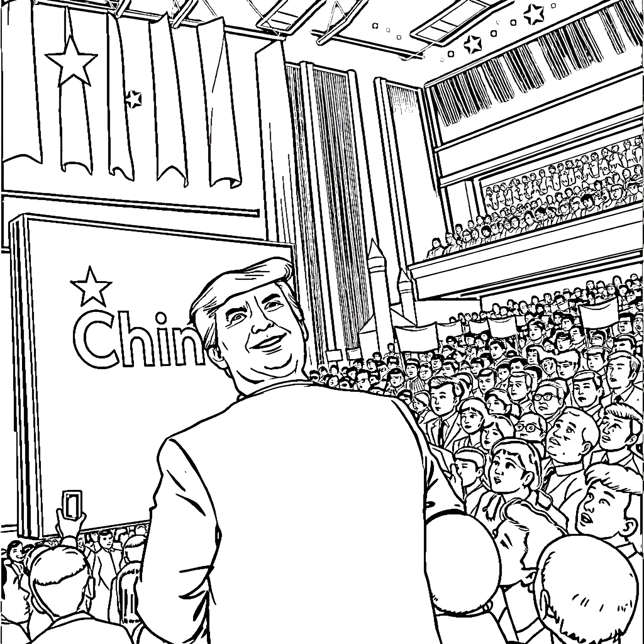 Trump addressing a large crowd in China Coloring Page (free black-and-white line drawing printable PDF for all, from beginners to advanced learners, including children, teens, adults, and seniors)
