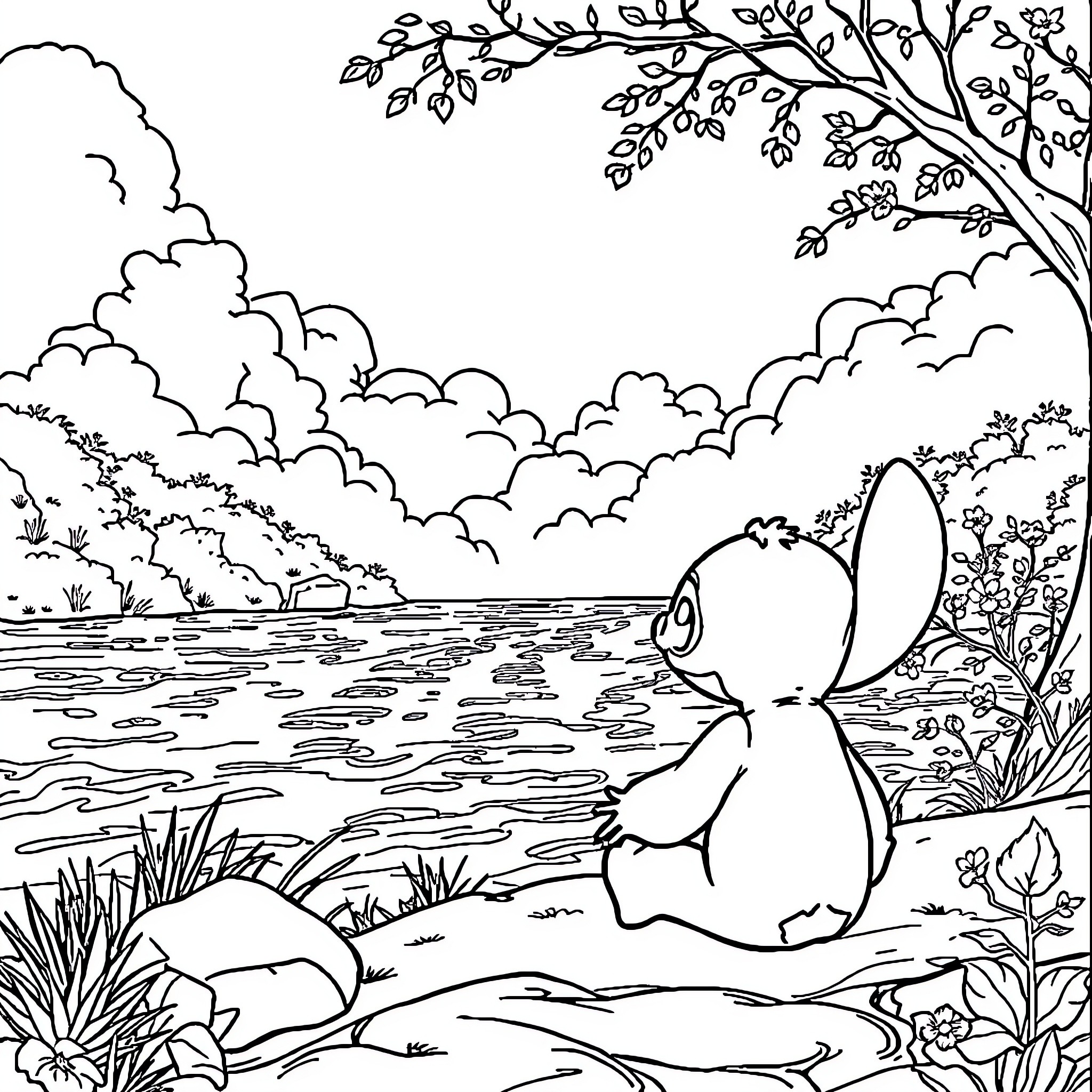 Stitch enjoying nature's serene landscape Coloring Page (free black-and-white line drawing printable PDF for all, from beginners to advanced learners, including children, teens, adults, and seniors)