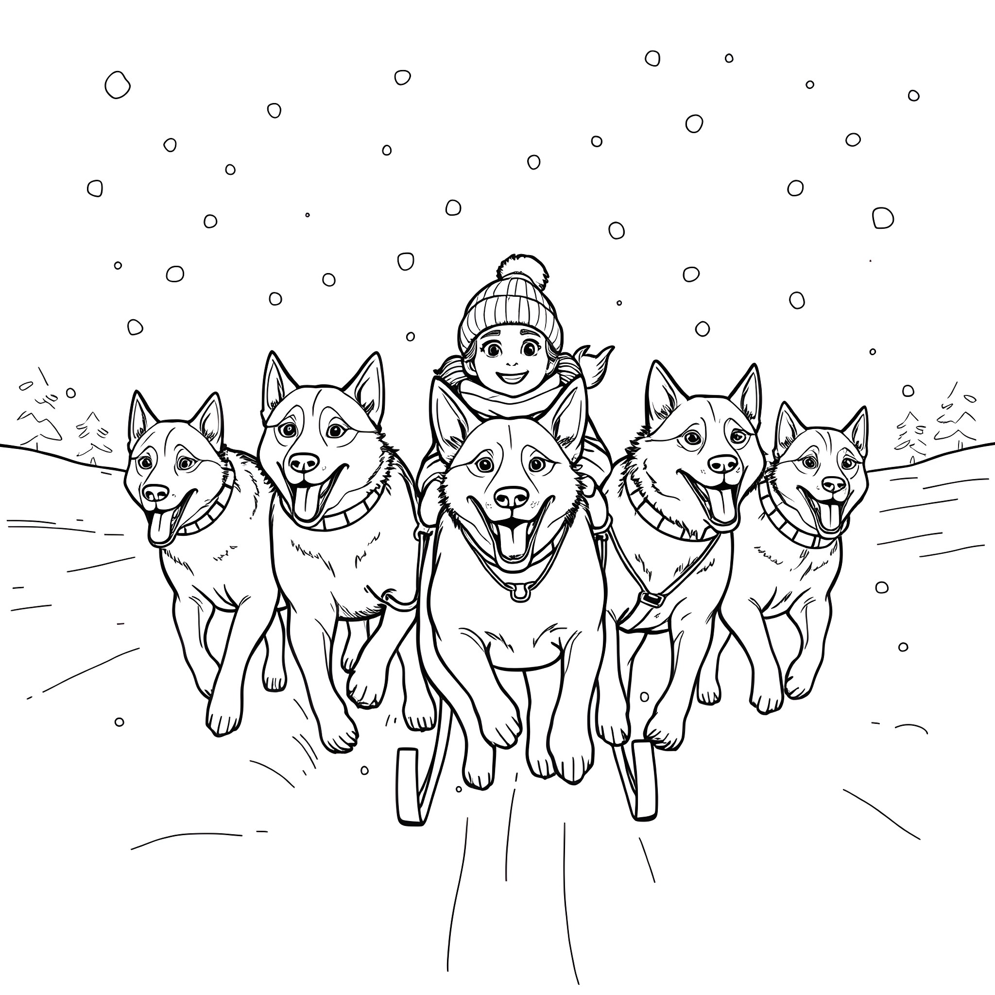 Dog sled team running happily in the snow Coloring Page (free black-and-white line drawing printable PDF for all, from beginners to advanced learners, including children, teens, adults, and seniors)