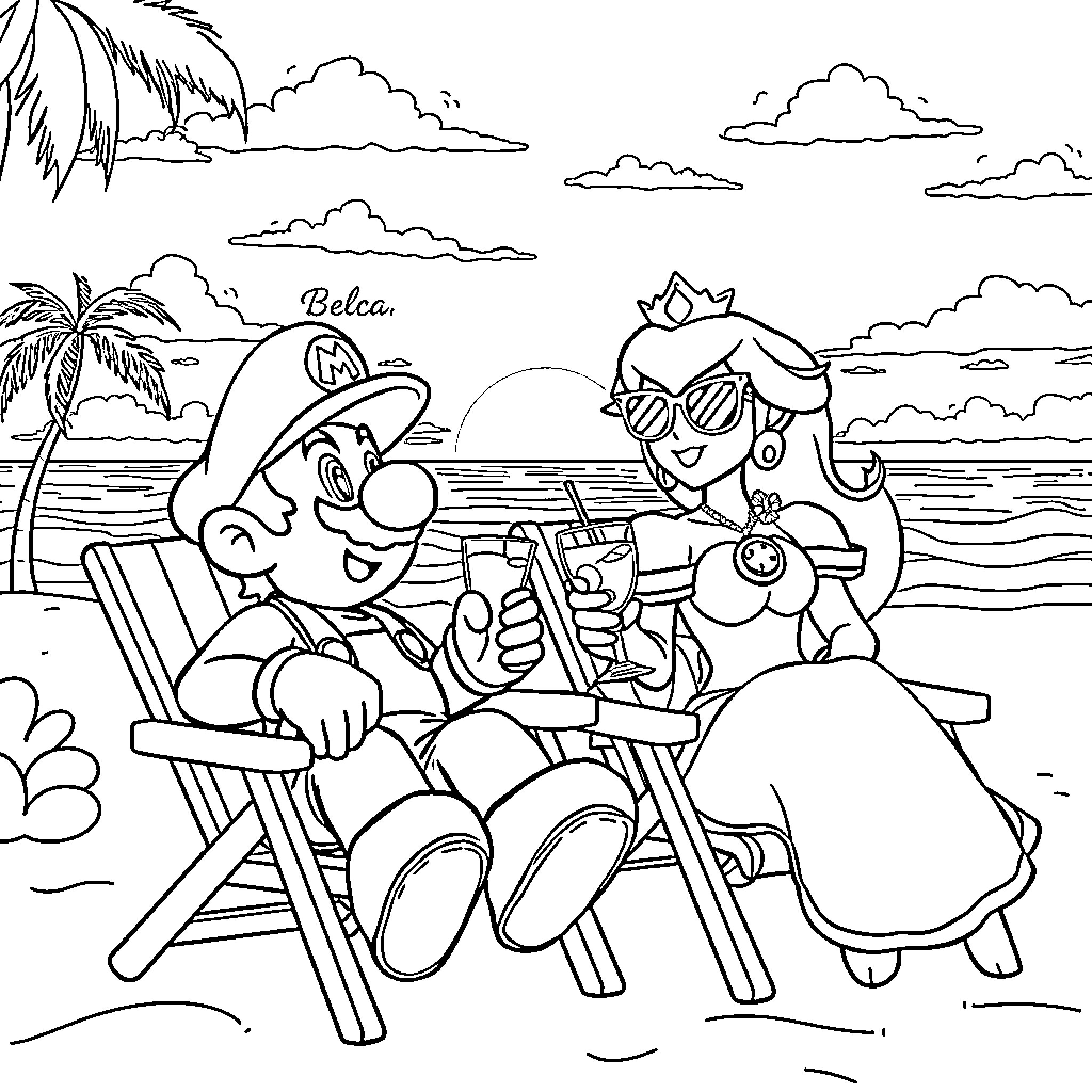 Mario and Princess Enjoying a Beach Vacation Coloring Page (free black-and-white line drawing printable PDF for all, from beginners to advanced learners, including children, teens, adults, and seniors)