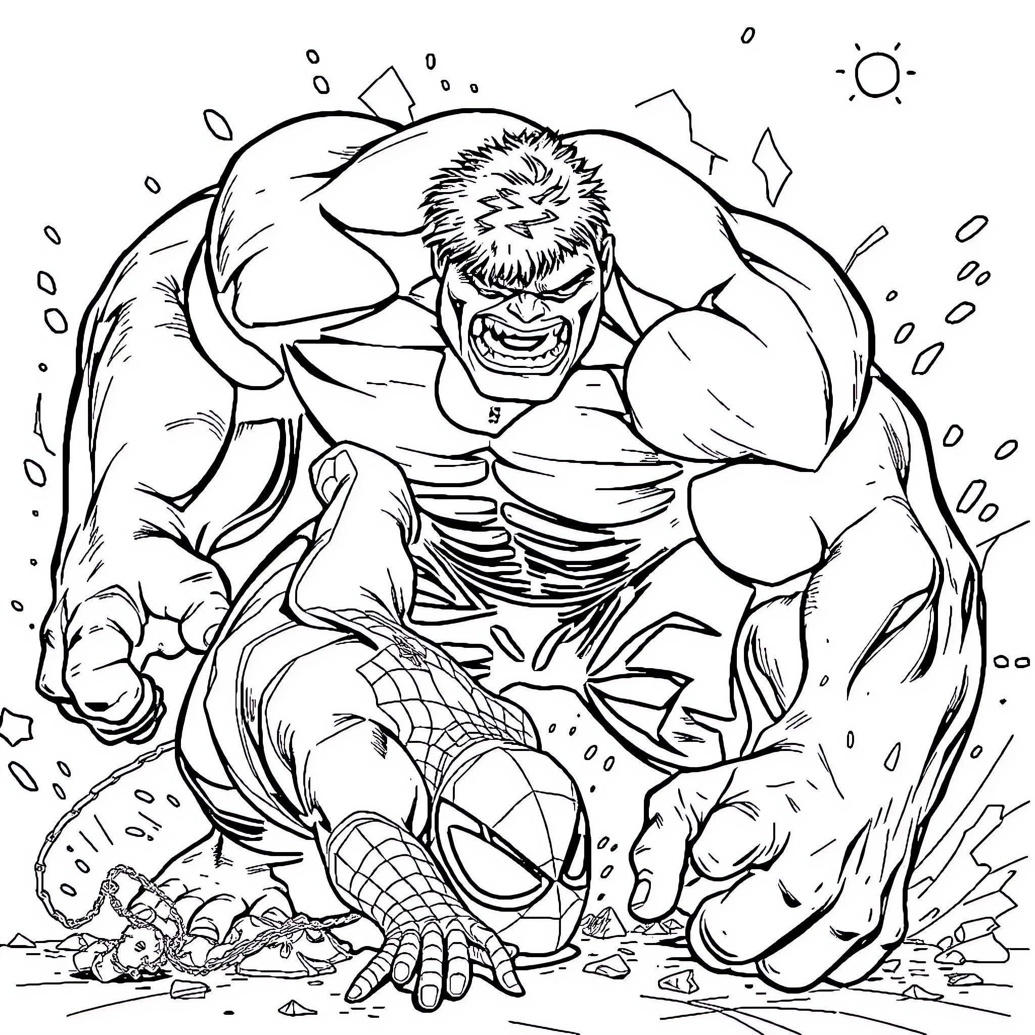 Hulk smashing through the city Coloring Page (free black-and-white line drawing printable PDF for all, from beginners to advanced learners, including children, teens, adults, and seniors)