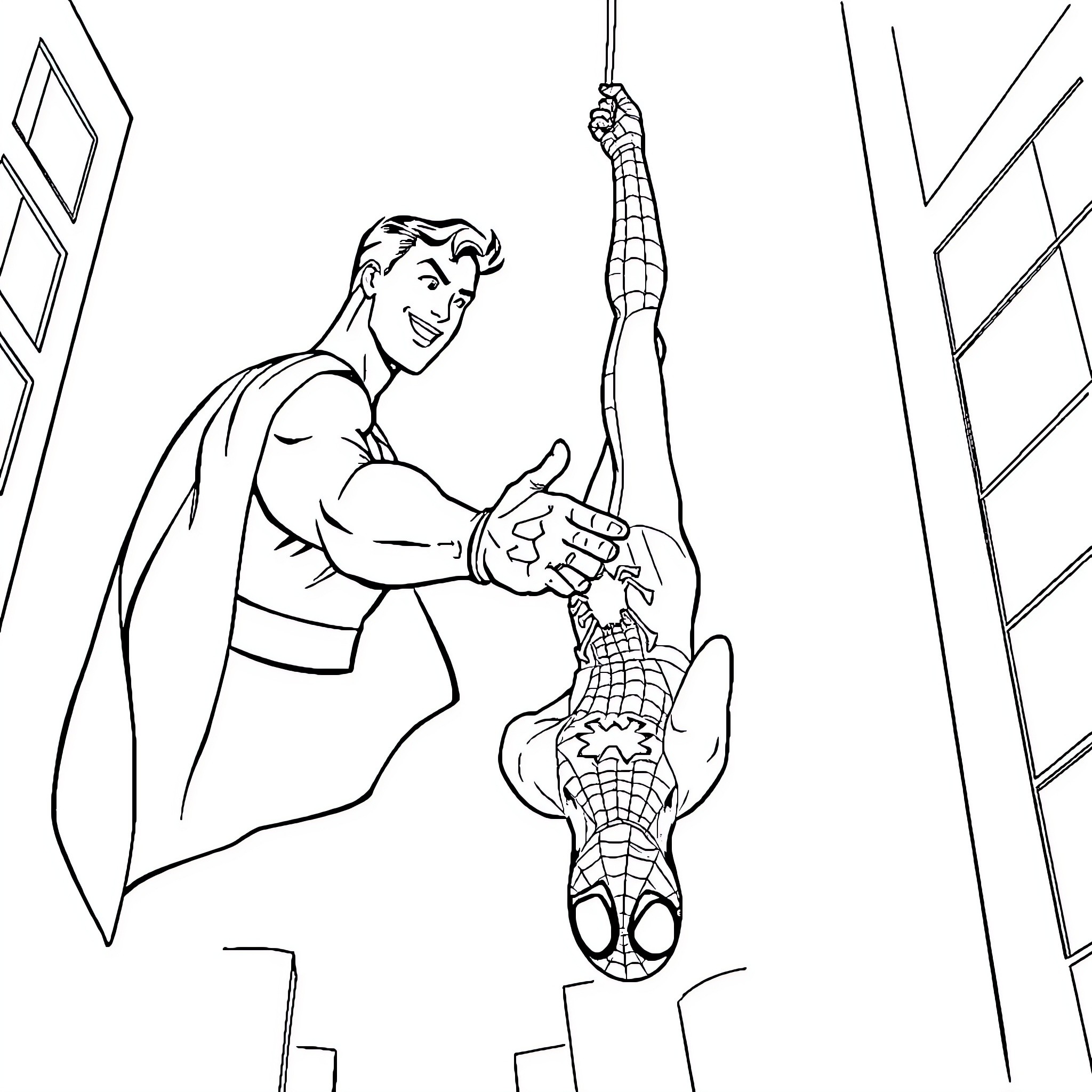 Superman rescuing a person in distress Coloring Page (free black-and-white line drawing printable PDF for all, from beginners to advanced learners, including children, teens, adults, and seniors)