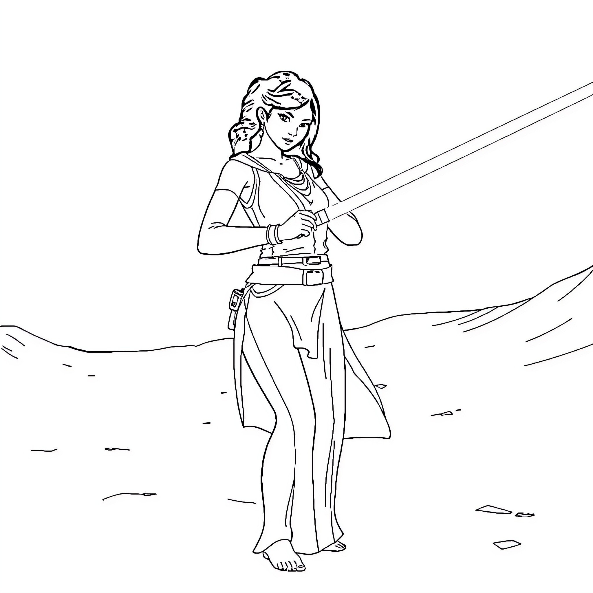 Tifa Lockhart exploring the rugged terrain Coloring Page (free black-and-white line drawing printable PDF for all, from beginners to advanced learners, including children, teens, adults, and seniors)
