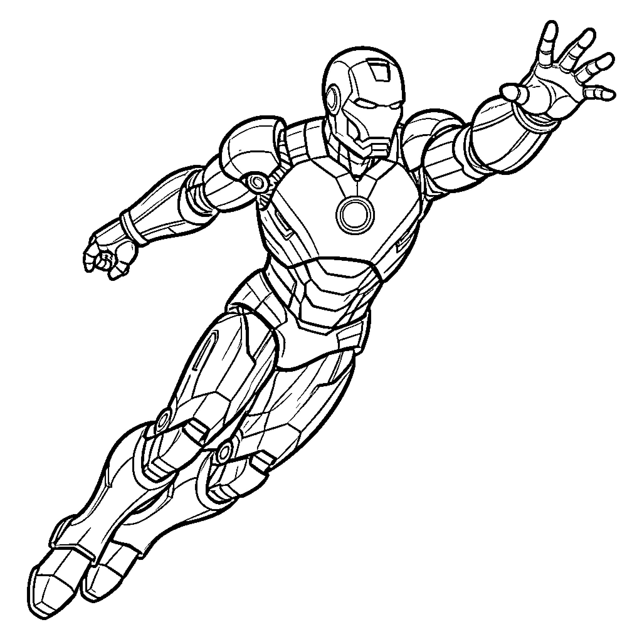 Iron Man in Action Pose Coloring Page (free black-and-white line drawing printable PDF for all, from beginners to advanced learners, including children, teens, adults, and seniors)