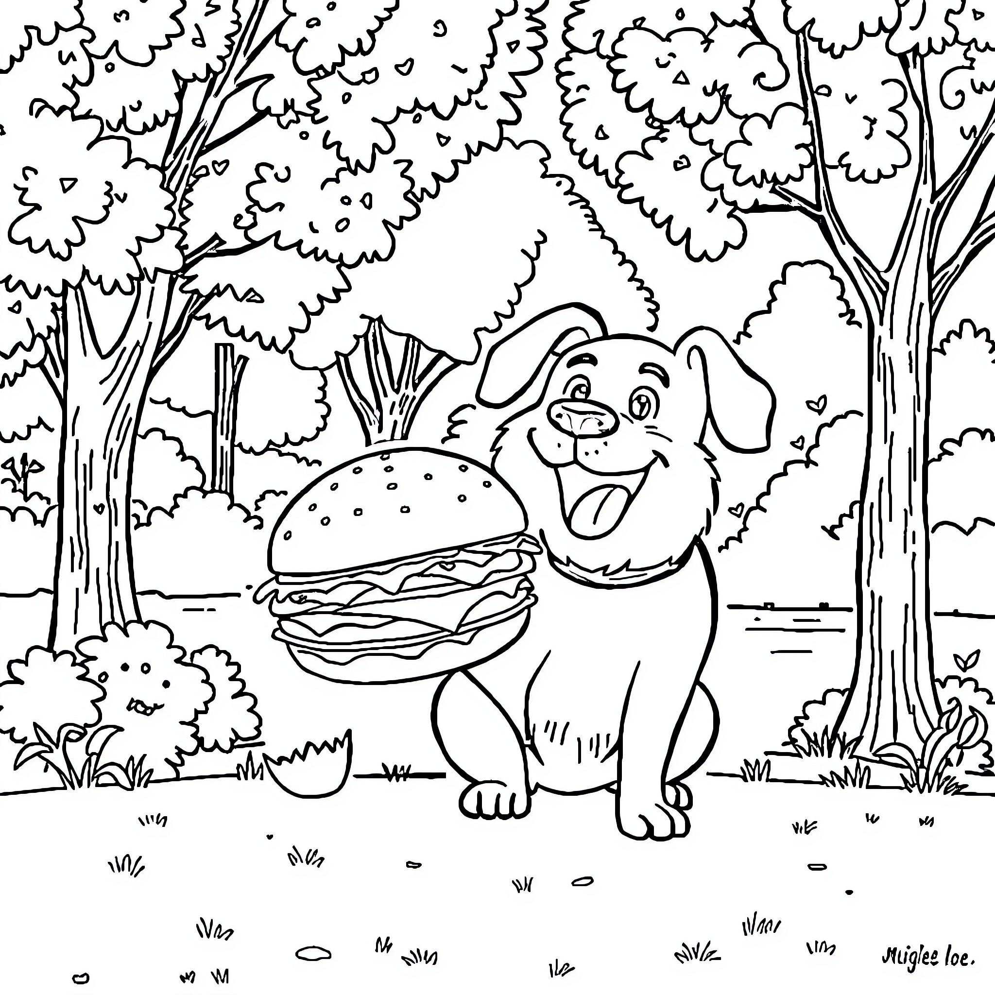 Dog with a hamburger in the forest Coloring Page (free black-and-white line drawing printable PDF for all, from beginners to advanced learners, including children, teens, adults, and seniors)