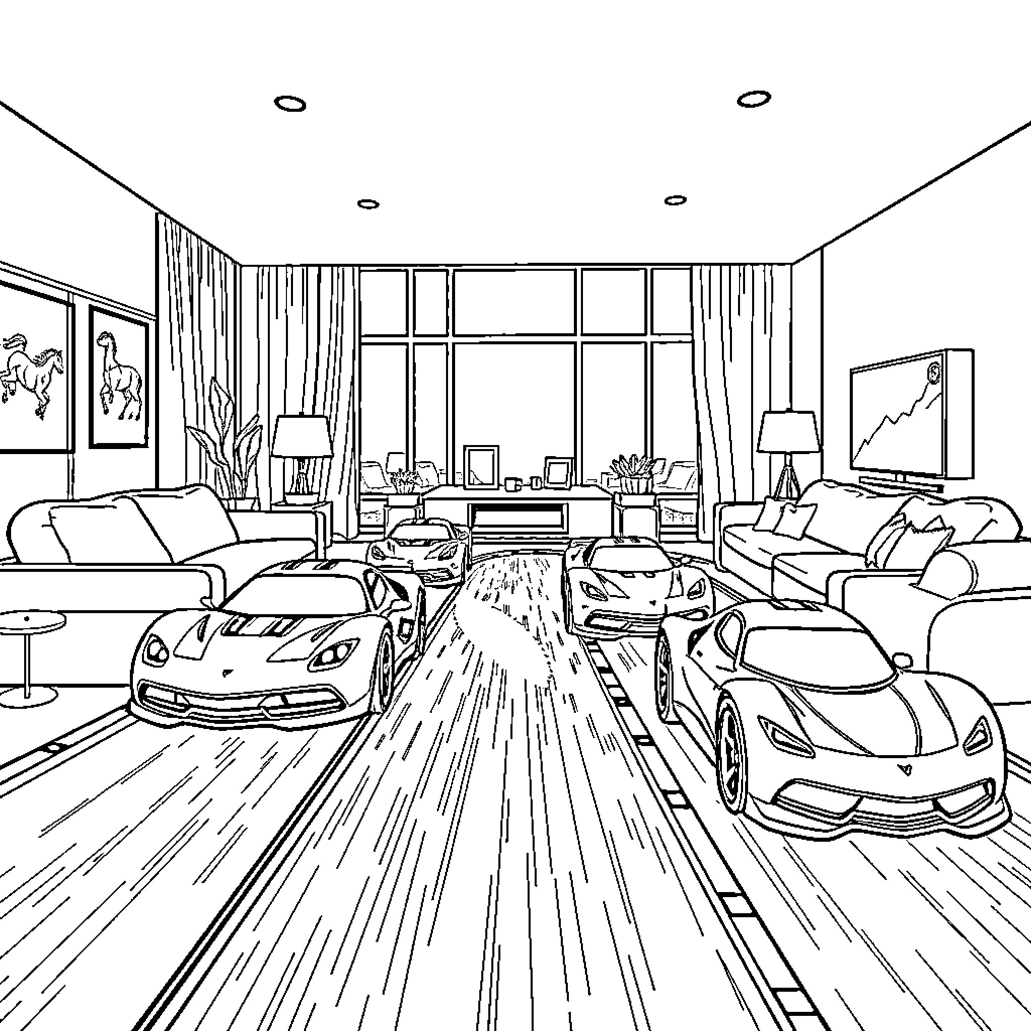 Car showroom with luxury vehicles on display Coloring Page (free black-and-white line drawing printable PDF for all, from beginners to advanced learners, including children, teens, adults, and seniors)