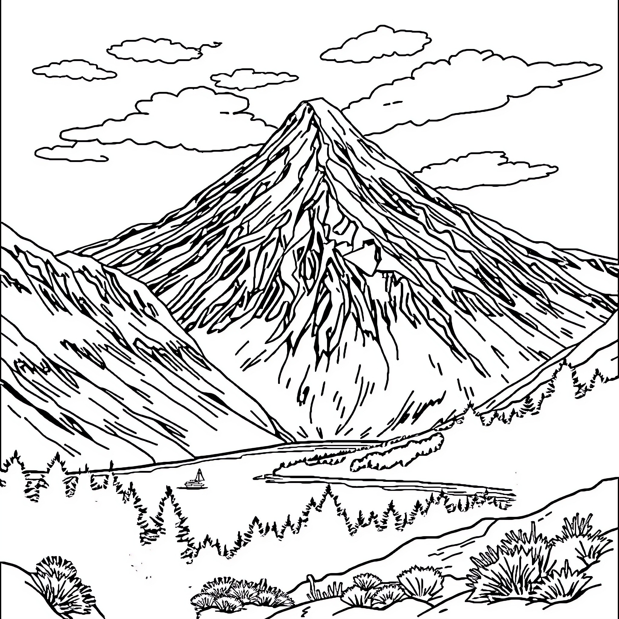 Mountain landscape with rugged peaks and scenic elements Coloring Page (free black-and-white line drawing printable PDF for all, from beginners to advanced learners, including children, teens, adults, and seniors)