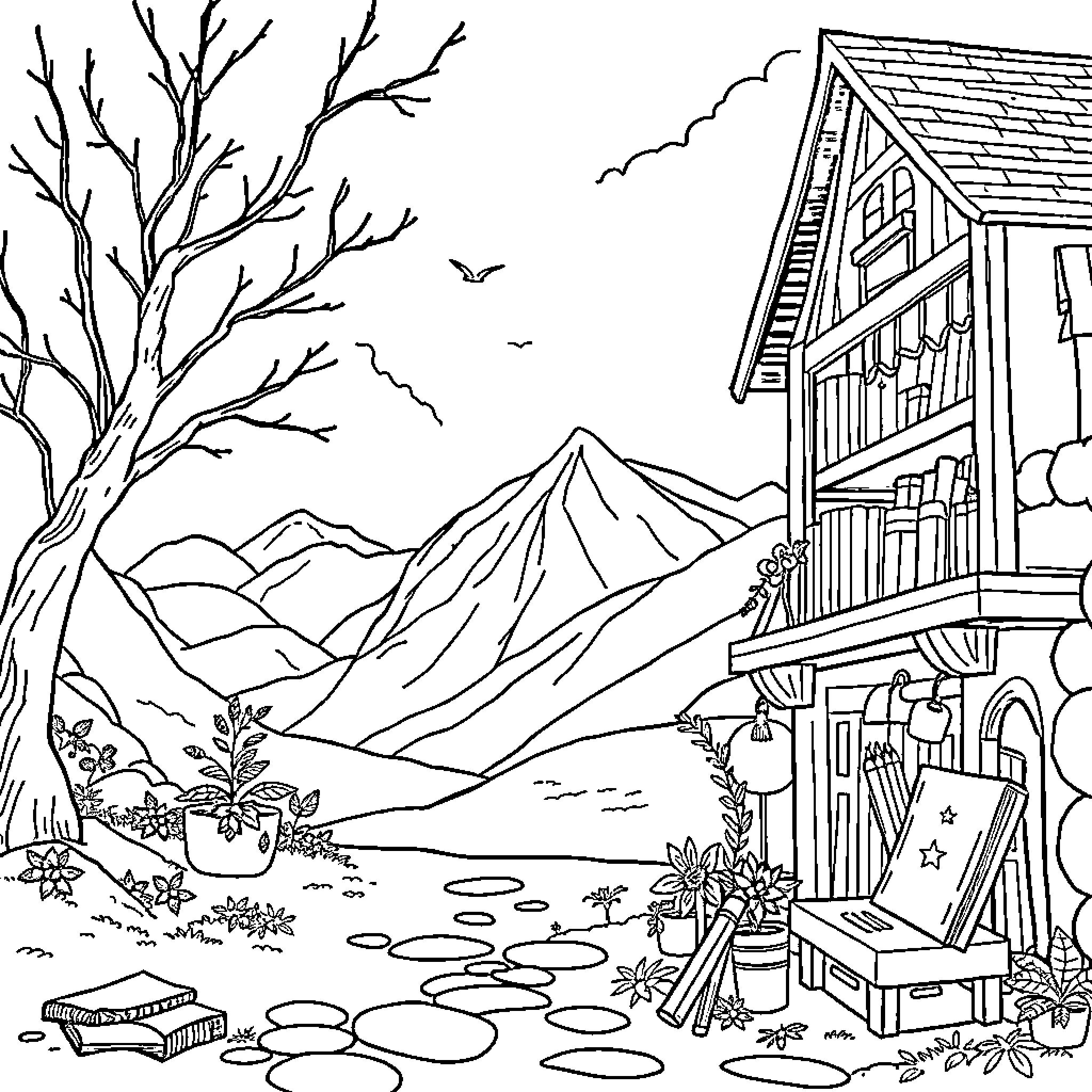 Education in the Scenic Mountain Landscape Coloring Page (free black-and-white line drawing printable PDF for all, from beginners to advanced learners, including children, teens, adults, and seniors)