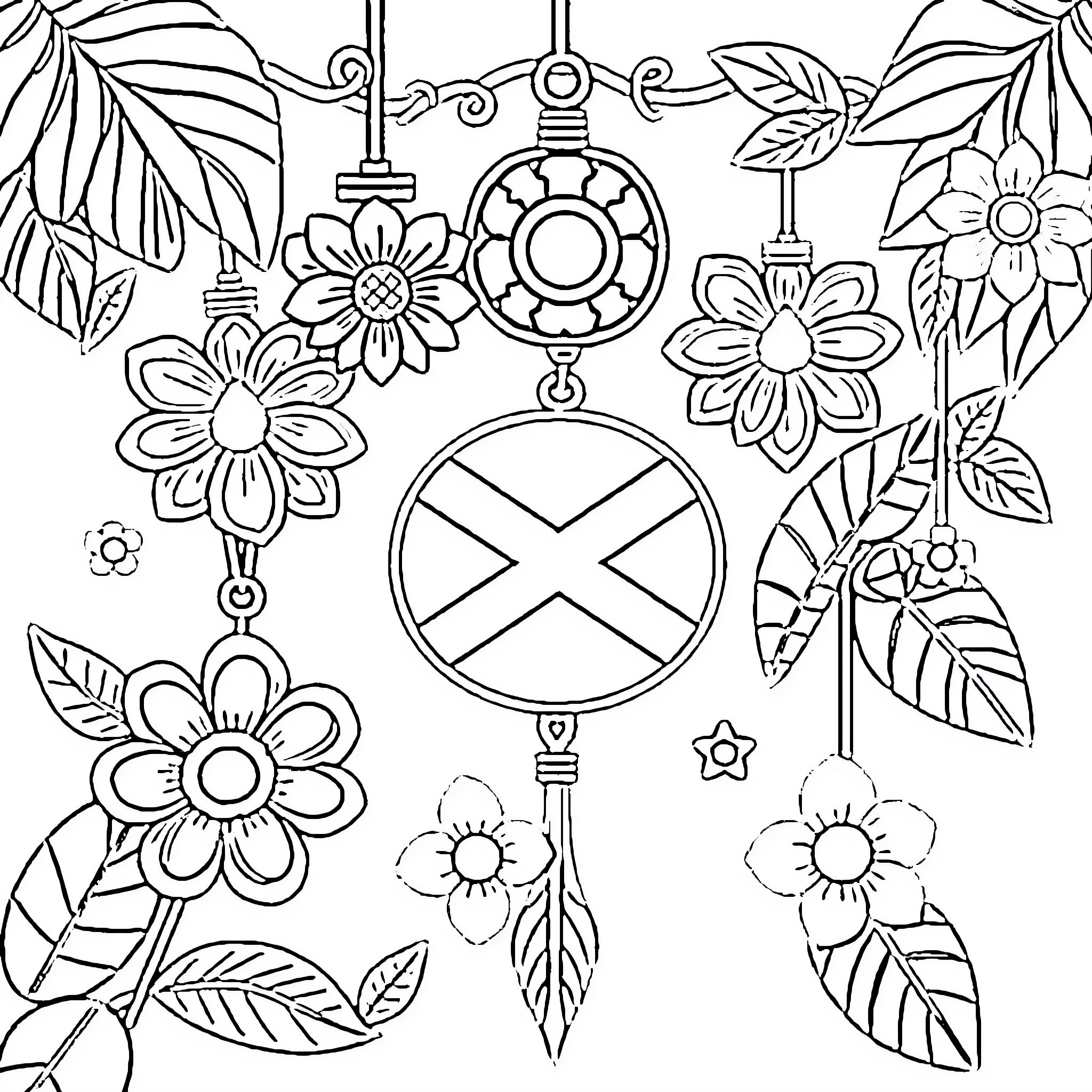 Jamaican Floral Ornaments and Symbols Coloring Page (free black-and-white line drawing printable PDF for all, from beginners to advanced learners, including children, teens, adults, and seniors)