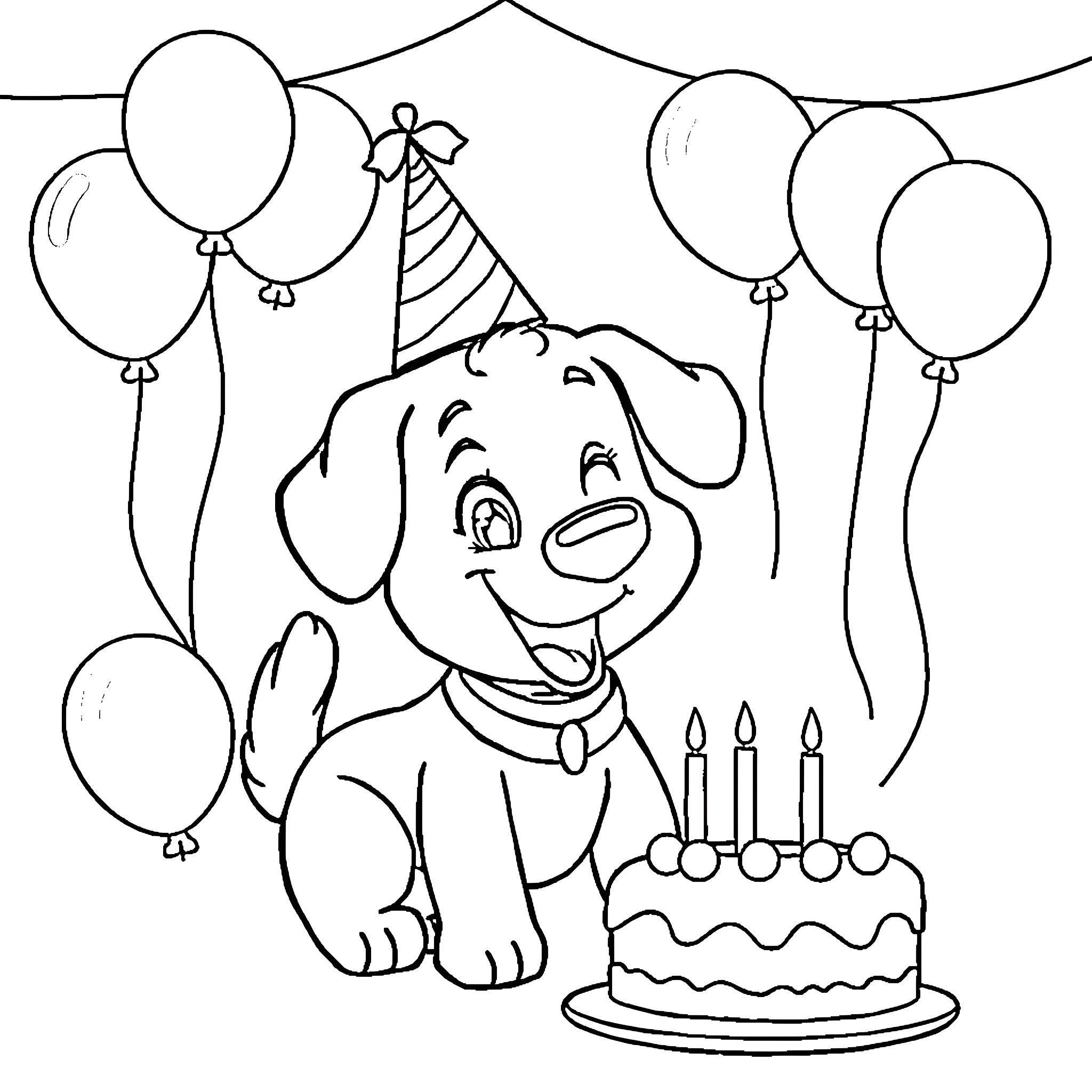Dog celebrates birthday with balloons and cake Coloring Page (free black-and-white line drawing printable PDF for all, from beginners to advanced learners, including children, teens, adults, and seniors)