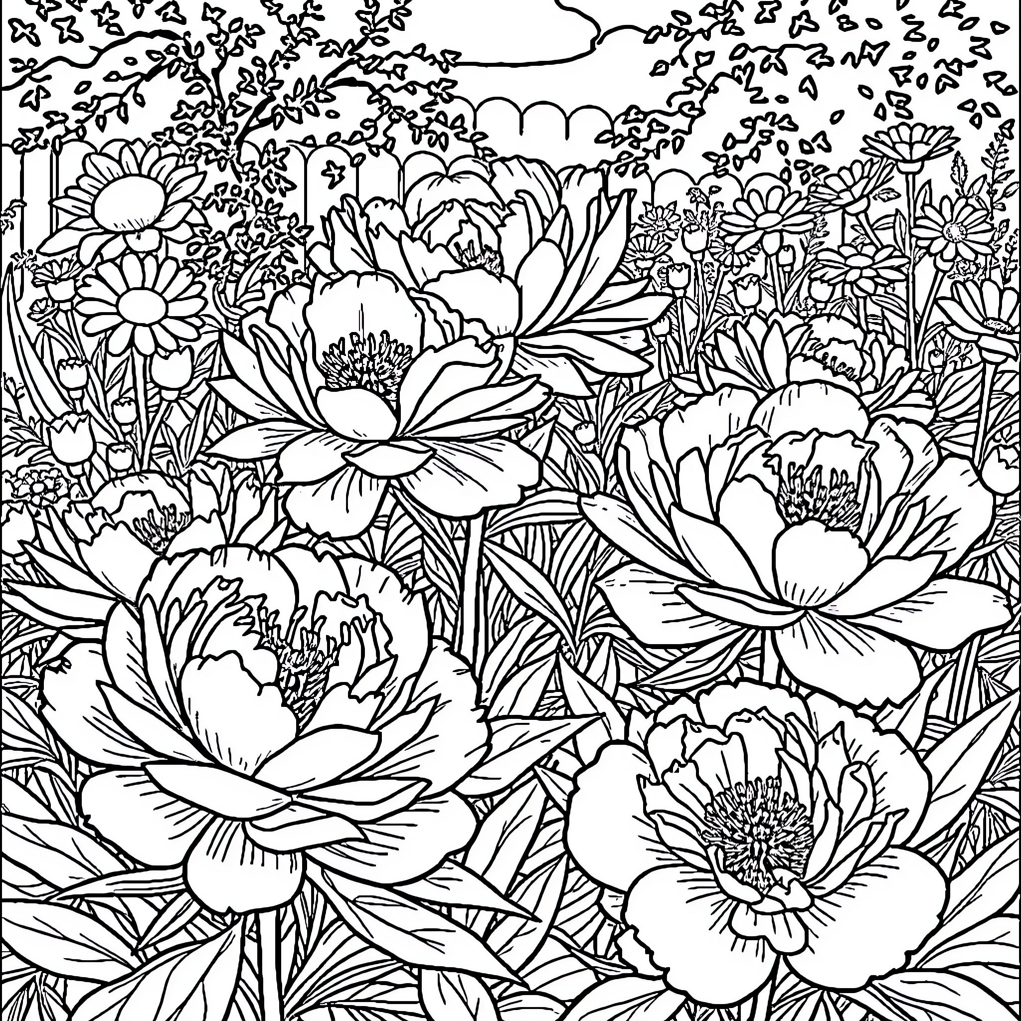 Peony flowers in a lush, blooming garden Coloring Page (free black-and-white line drawing printable PDF for all, from beginners to advanced learners, including children, teens, adults, and seniors)