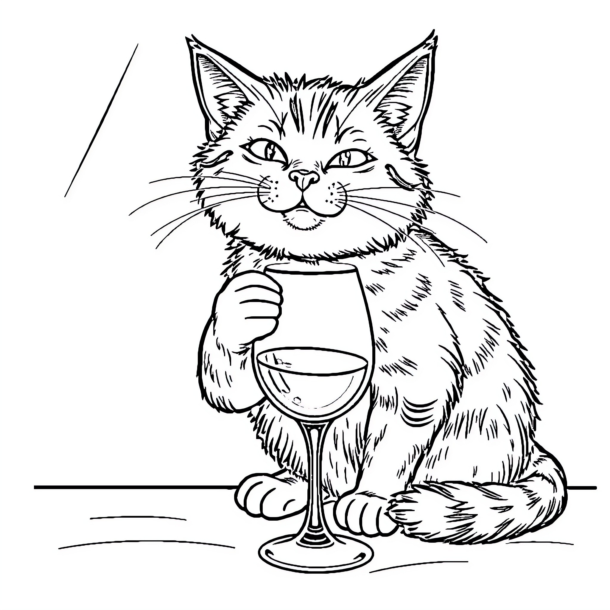 Cat enjoying a glass of wine Coloring Page (free black-and-white line drawing printable PDF for all, from beginners to advanced learners, including children, teens, adults, and seniors)