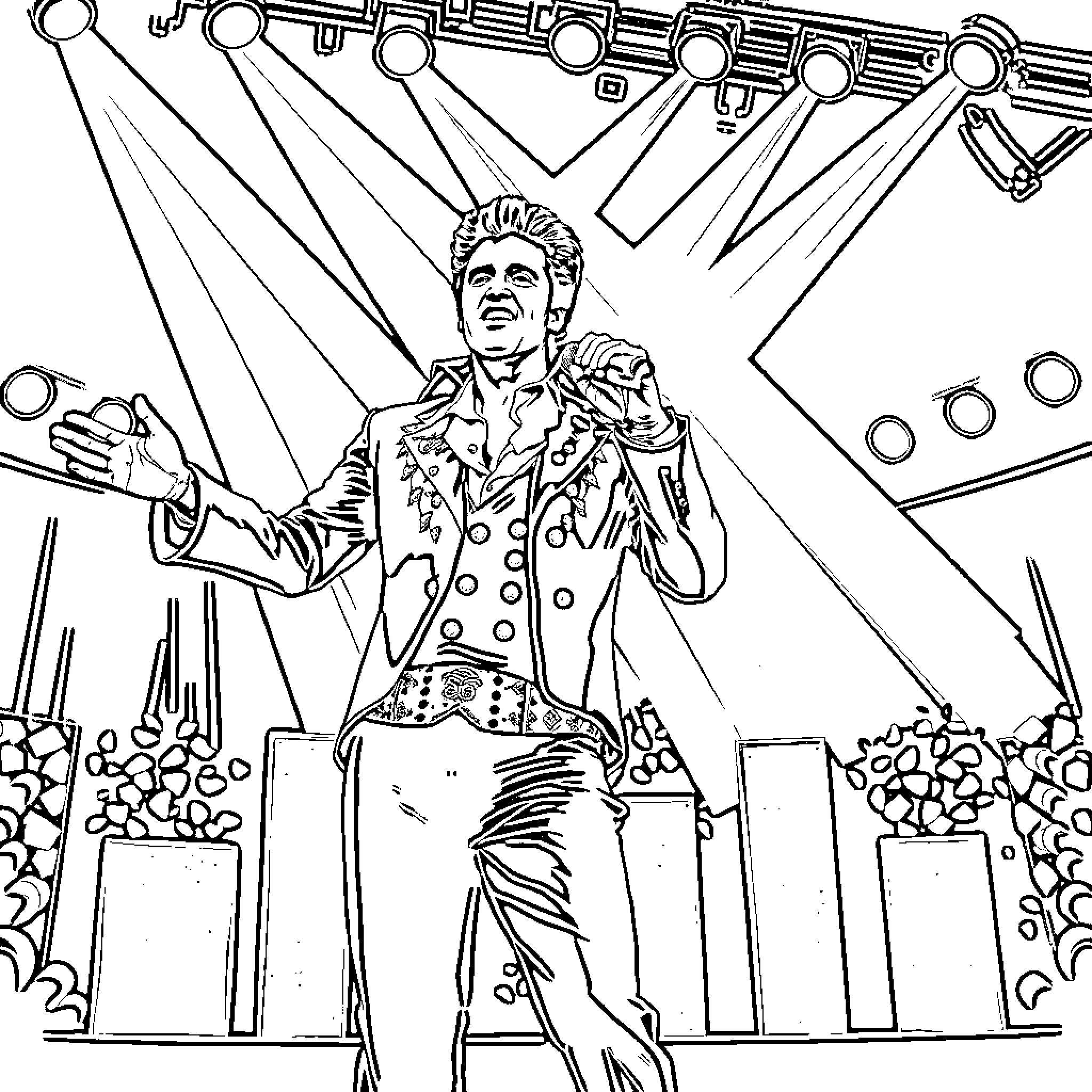 Elvis Presley performing on stage with energy and enthusiasm Coloring Page (free black-and-white line drawing printable PDF for all, from beginners to advanced learners, including children, teens, adults, and seniors)