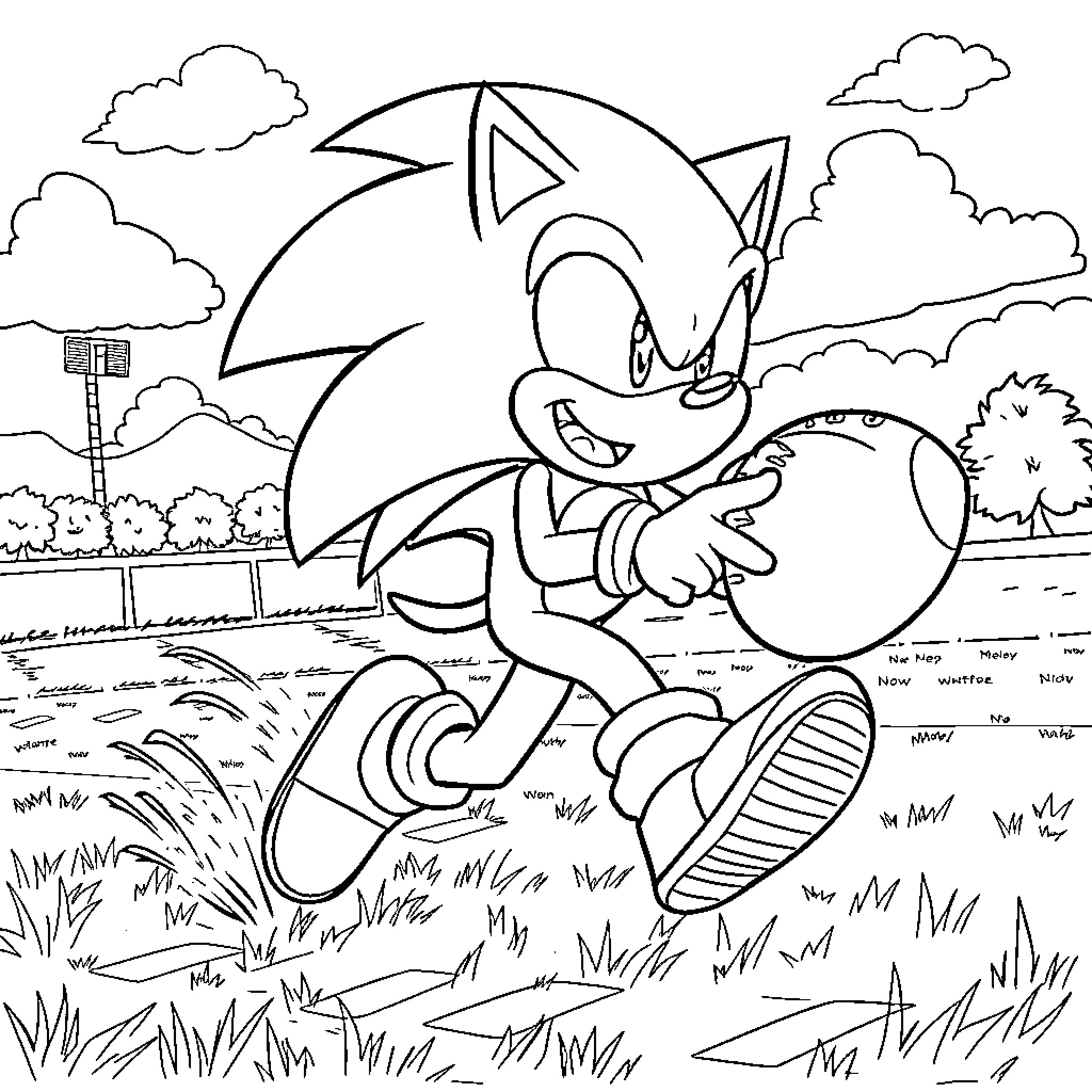 Sonic dashing through the countryside Coloring Page (free black-and-white line drawing printable PDF for all, from beginners to advanced learners, including children, teens, adults, and seniors)