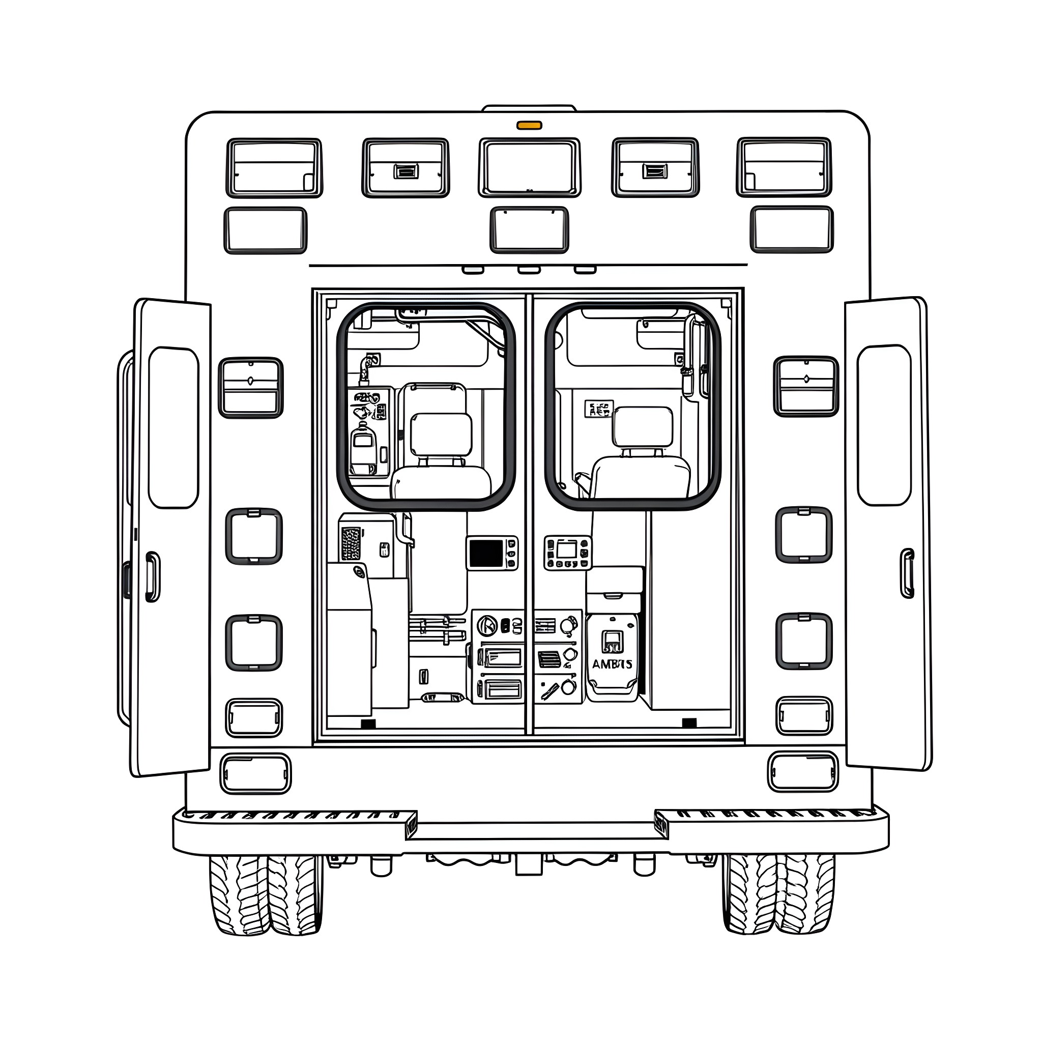 Ambulance vehicle with emergency equipment Coloring Page (free black-and-white line drawing printable PDF for all, from beginners to advanced learners, including children, teens, adults, and seniors)