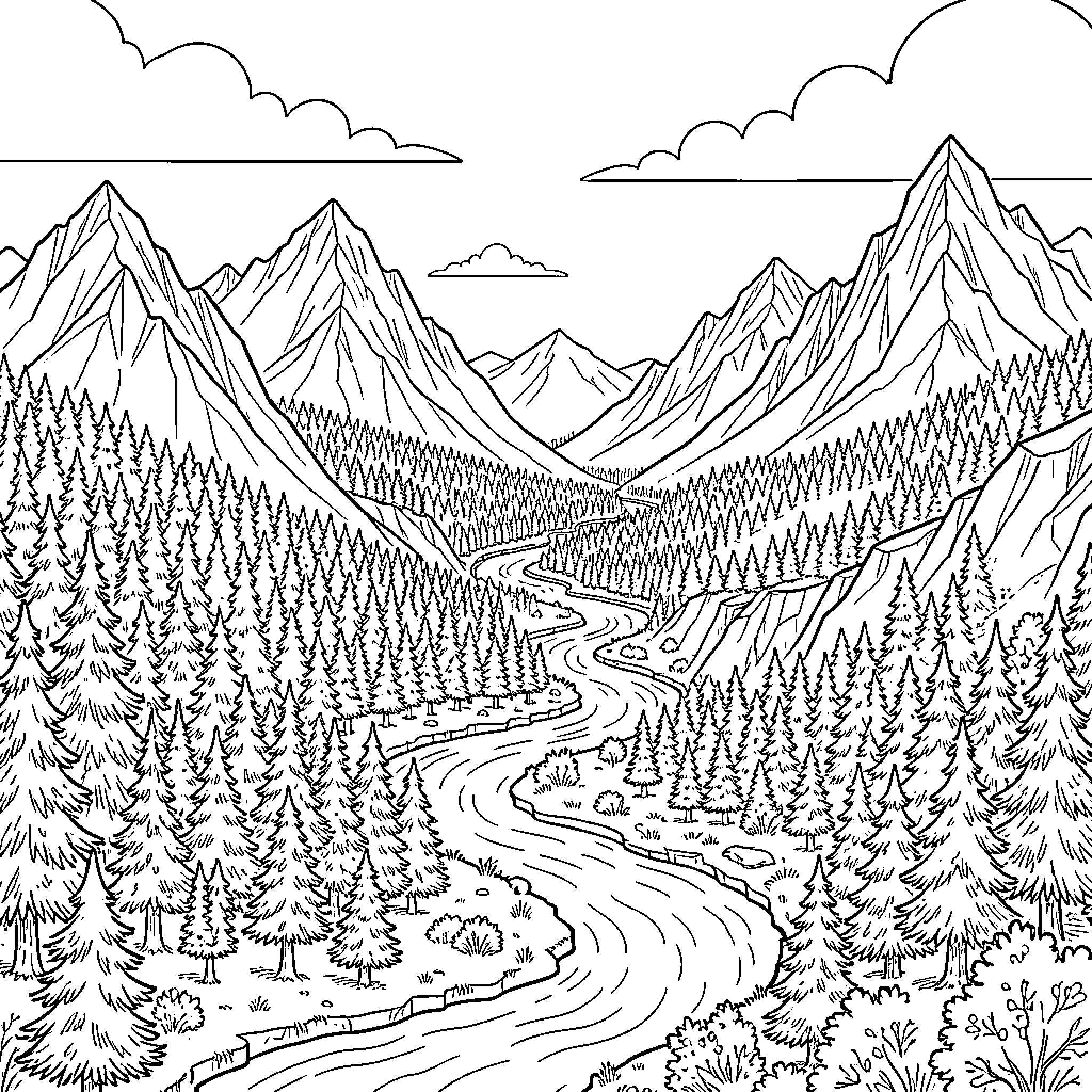 Lord of the Rings epic mountain and forest landscape Coloring Page (free black-and-white line drawing printable PDF for all, from beginners to advanced learners, including children, teens, adults, and seniors)