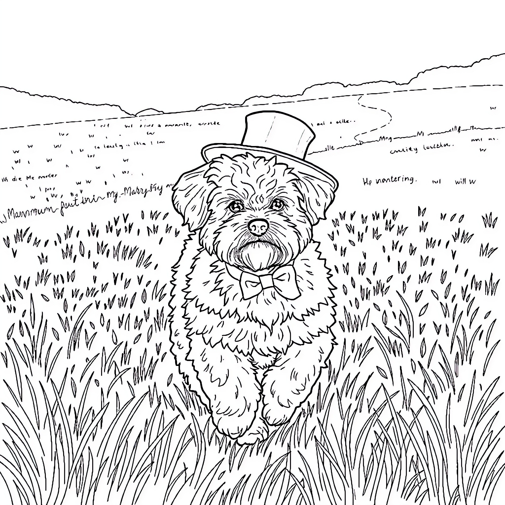 Bichon Frise playing in the field Coloring Page (free black-and-white line drawing printable PDF for all, from beginners to advanced learners, including children, teens, adults, and seniors)