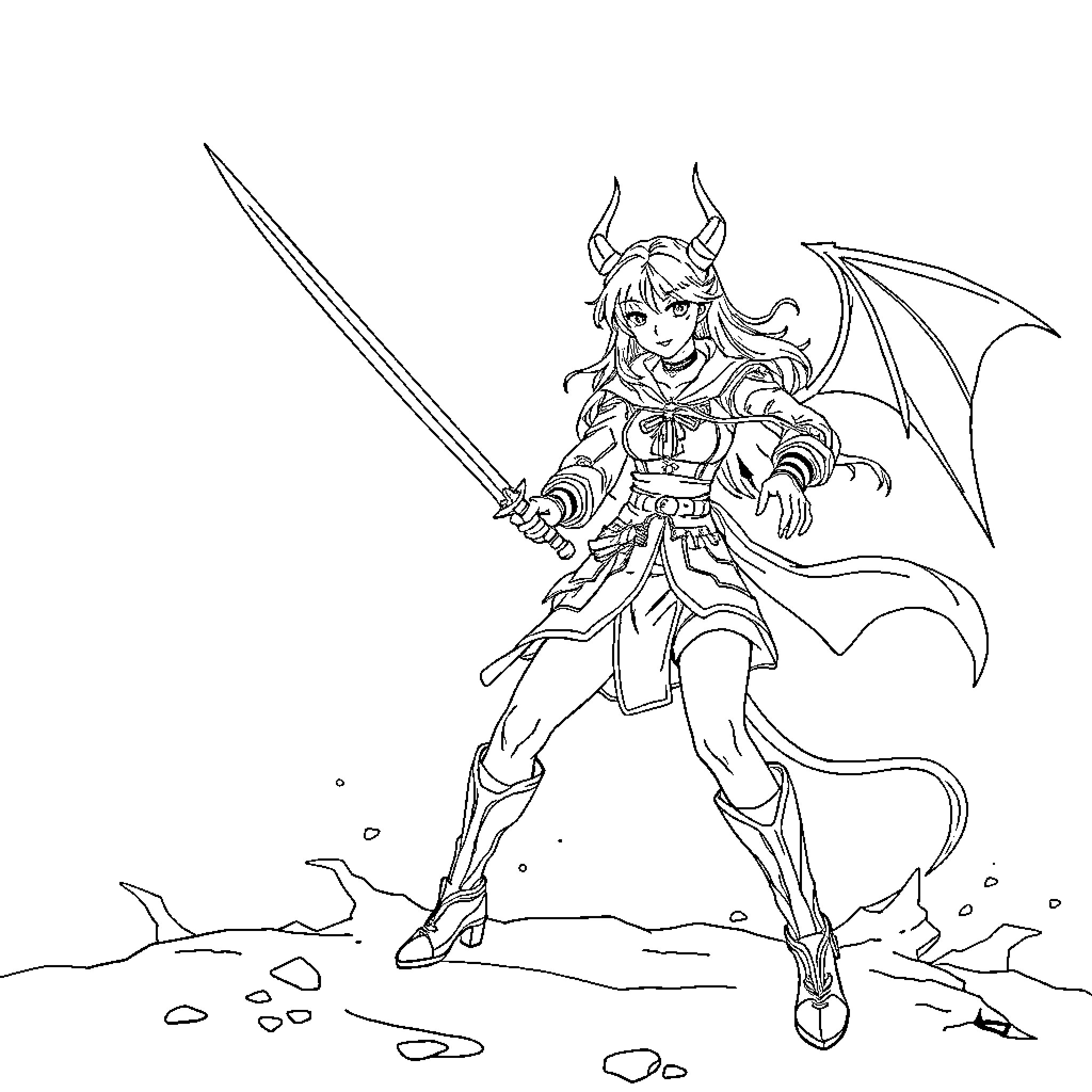 Rumi the Fierce Demon Warrior in Battle Coloring Page (free black-and-white line drawing printable PDF for all, from beginners to advanced learners, including children, teens, adults, and seniors)