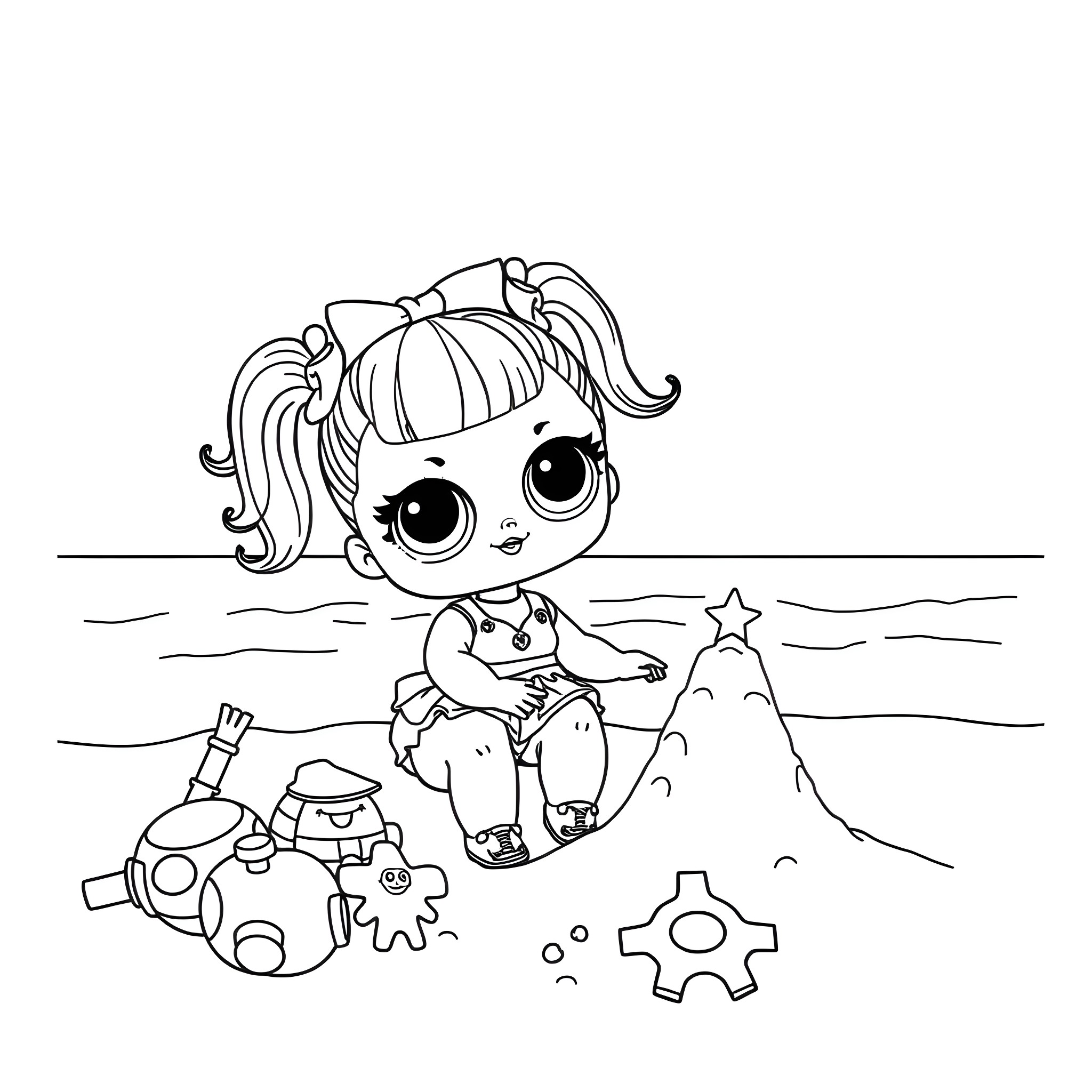 LOL Surprise Doll Building a Sand Castle at the Beach Coloring Page (free black-and-white line drawing printable PDF for all, from beginners to advanced learners, including children, teens, adults, and seniors)
