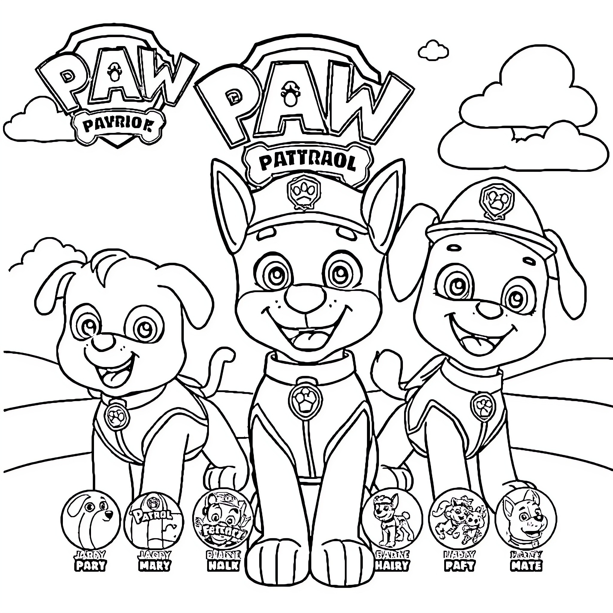 Paw Patrol characters in action poses Coloring Page (free black-and-white line drawing printable PDF for all, from beginners to advanced learners, including children, teens, adults, and seniors)