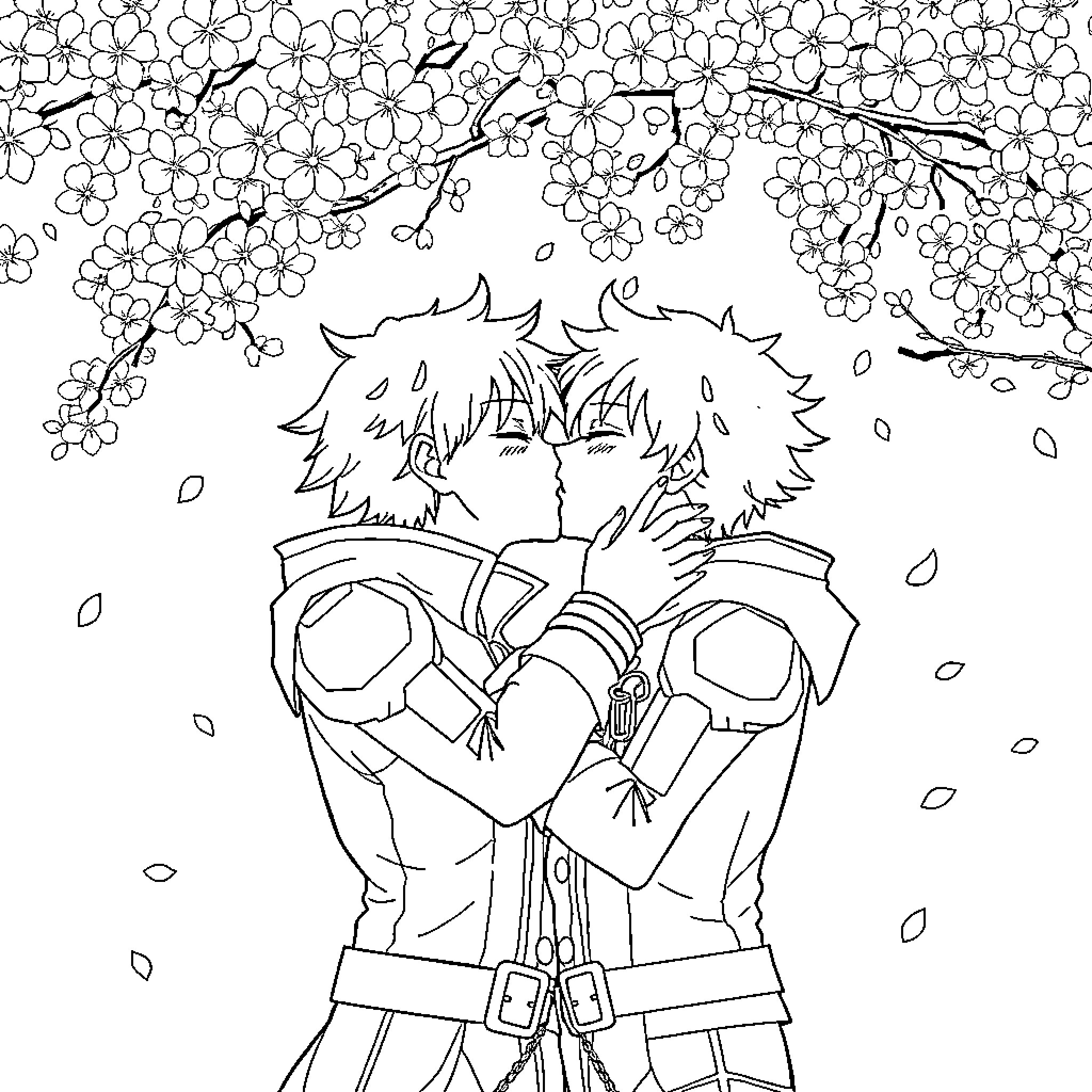 Bakugo embracing under cherry blossoms Coloring Page (free black-and-white line drawing printable PDF for all, from beginners to advanced learners, including children, teens, adults, and seniors)