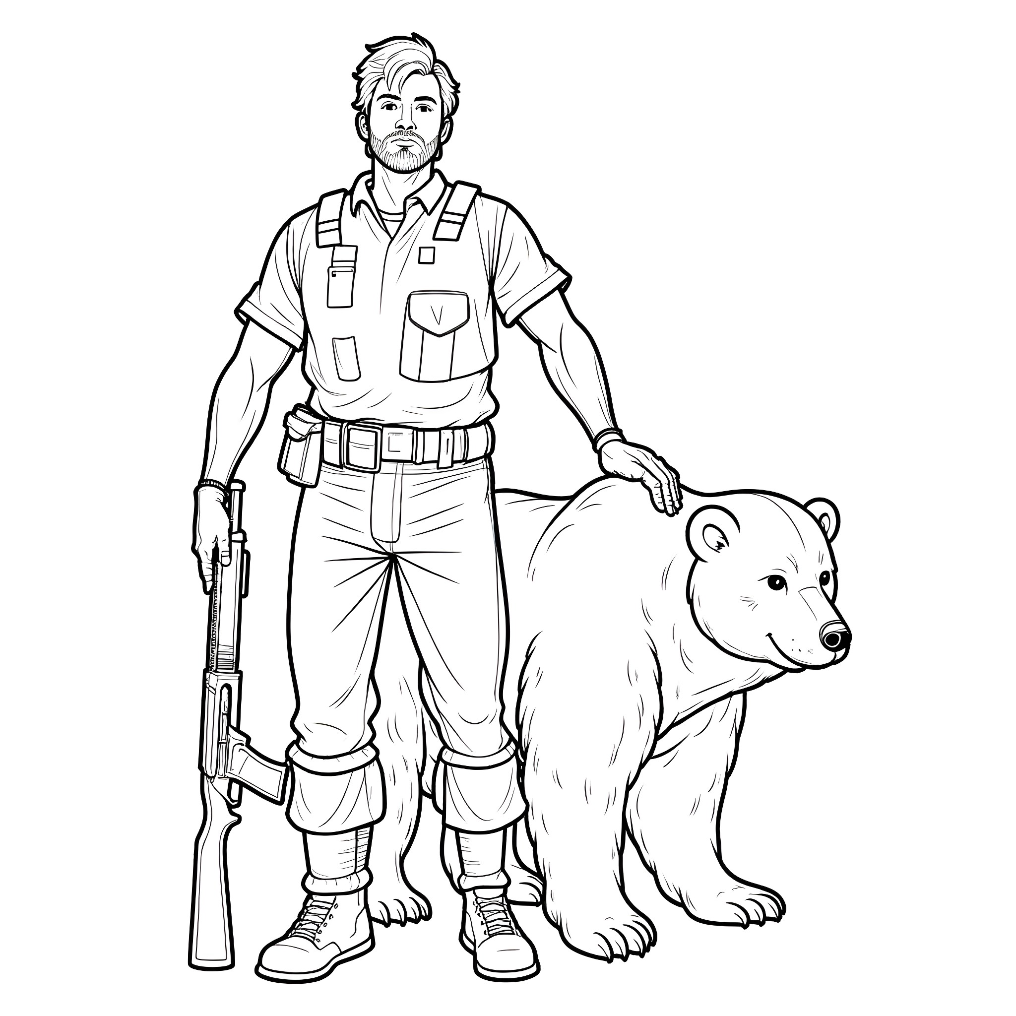 Putin in Outdoor Gear with Polar Bear Coloring Page (free black-and-white line drawing printable PDF for all, from beginners to advanced learners, including children, teens, adults, and seniors)