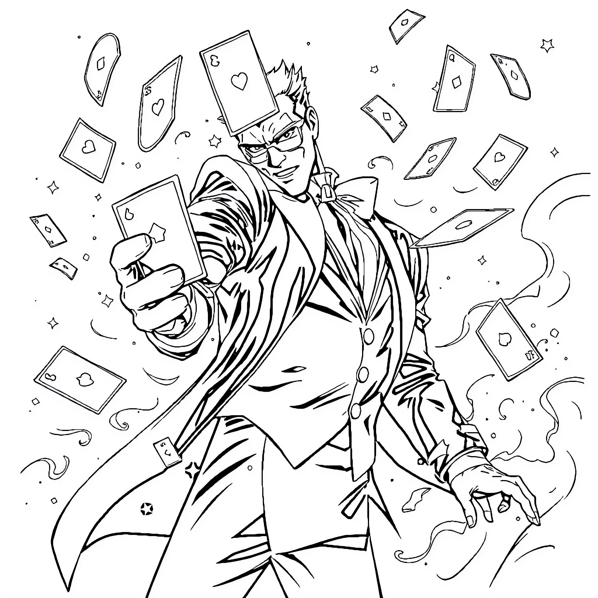 Gambit's Explosive Card Trick Coloring Page (free black-and-white line drawing printable PDF for all, from beginners to advanced learners, including children, teens, adults, and seniors)