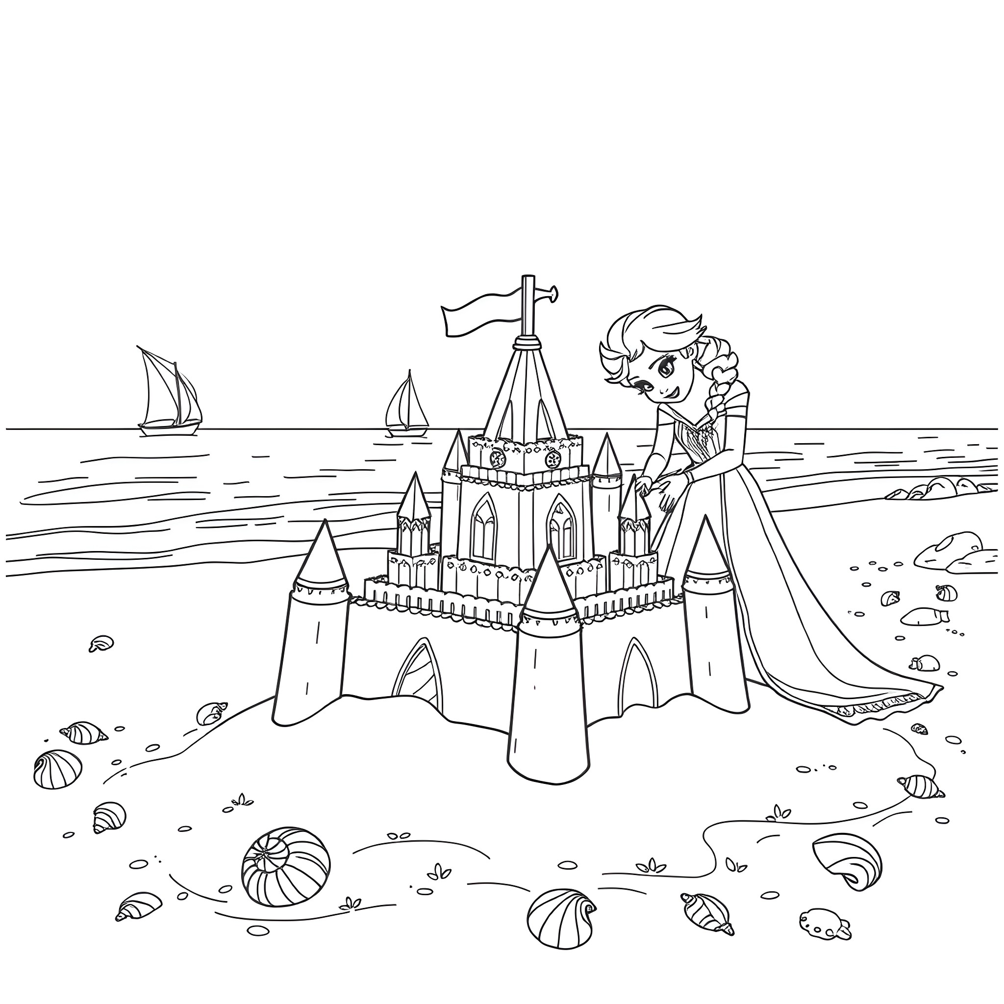 Anna and Elsa building a sandcastle on the beach Coloring Page (free black-and-white line drawing printable PDF for all, from beginners to advanced learners, including children, teens, adults, and seniors)