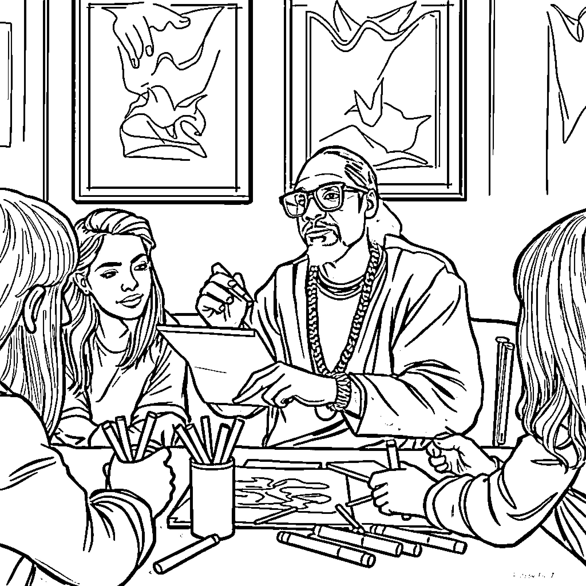 Snoop Dog and friends creating art in the studio Coloring Page (free black-and-white line drawing printable PDF for all, from beginners to advanced learners, including children, teens, adults, and seniors)