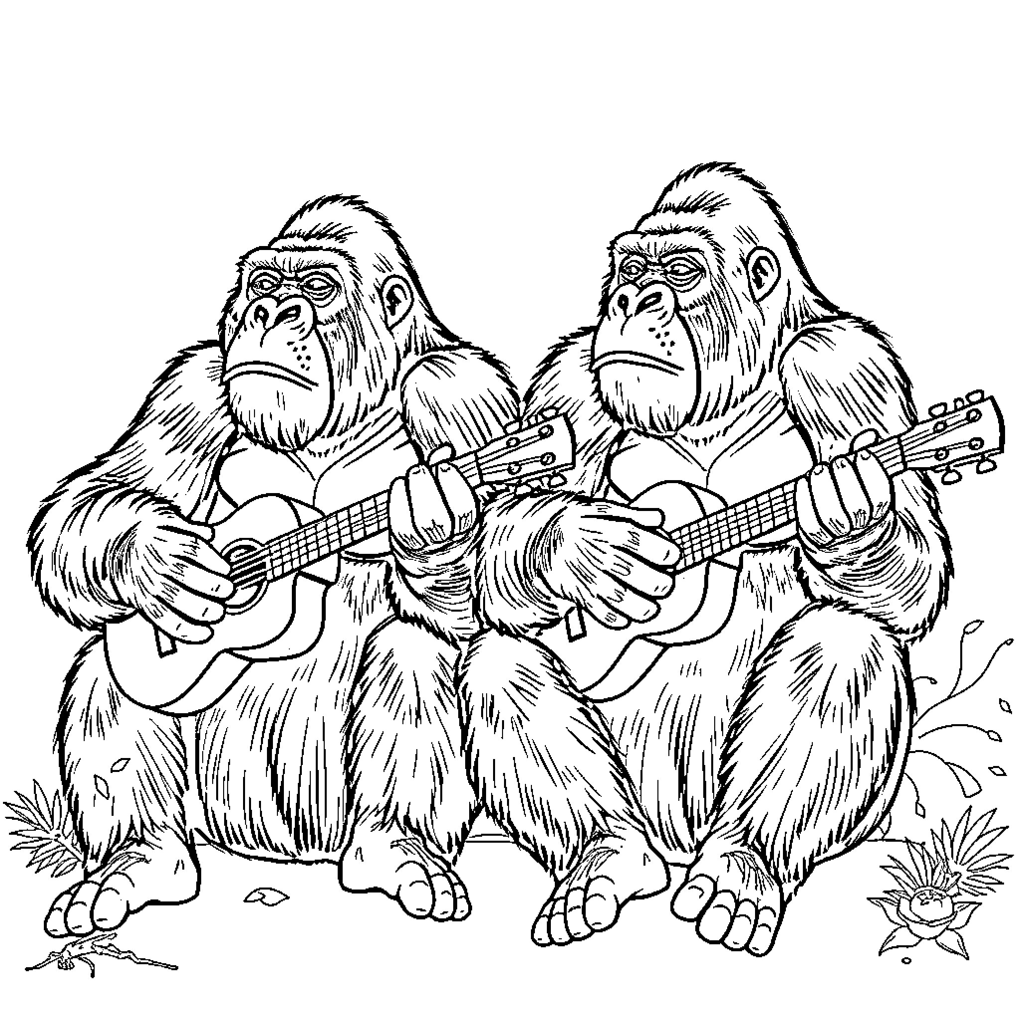 Gorilla musicians playing guitars in the jungle Coloring Page (free black-and-white line drawing printable PDF for all, from beginners to advanced learners, including children, teens, adults, and seniors)