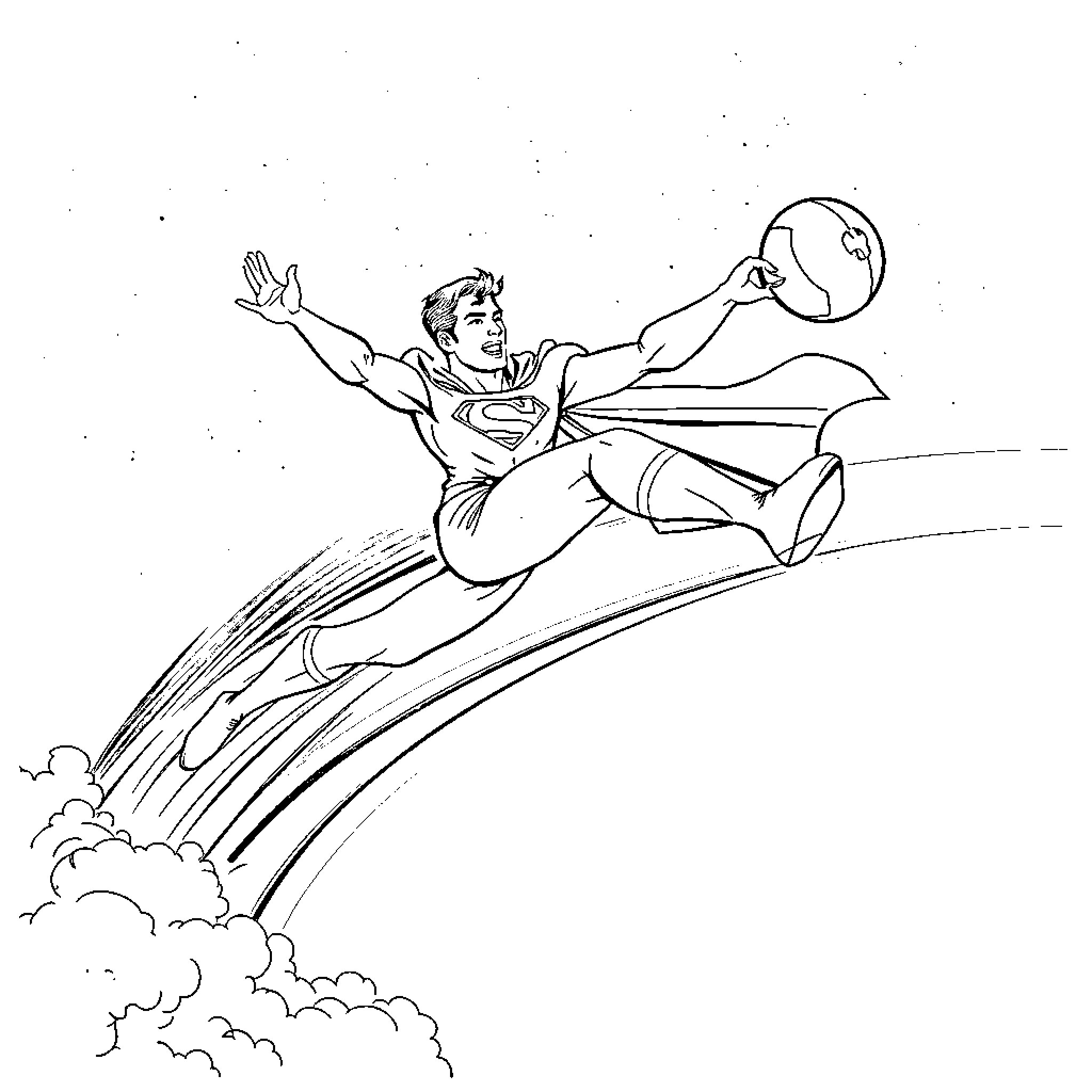 Superman soaring through the sky Coloring Page (free black-and-white line drawing printable PDF for all, from beginners to advanced learners, including children, teens, adults, and seniors)