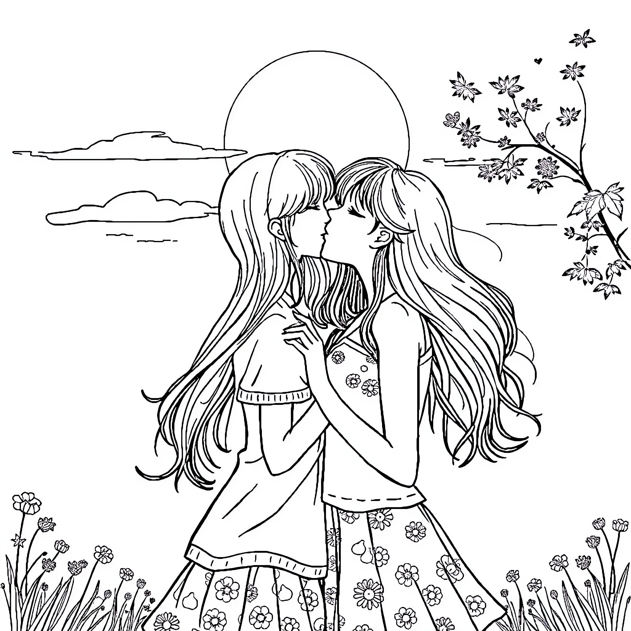 Girl friends sharing a loving moment in nature Coloring Page (free black-and-white line drawing printable PDF for all, from beginners to advanced learners, including children, teens, adults, and seniors)