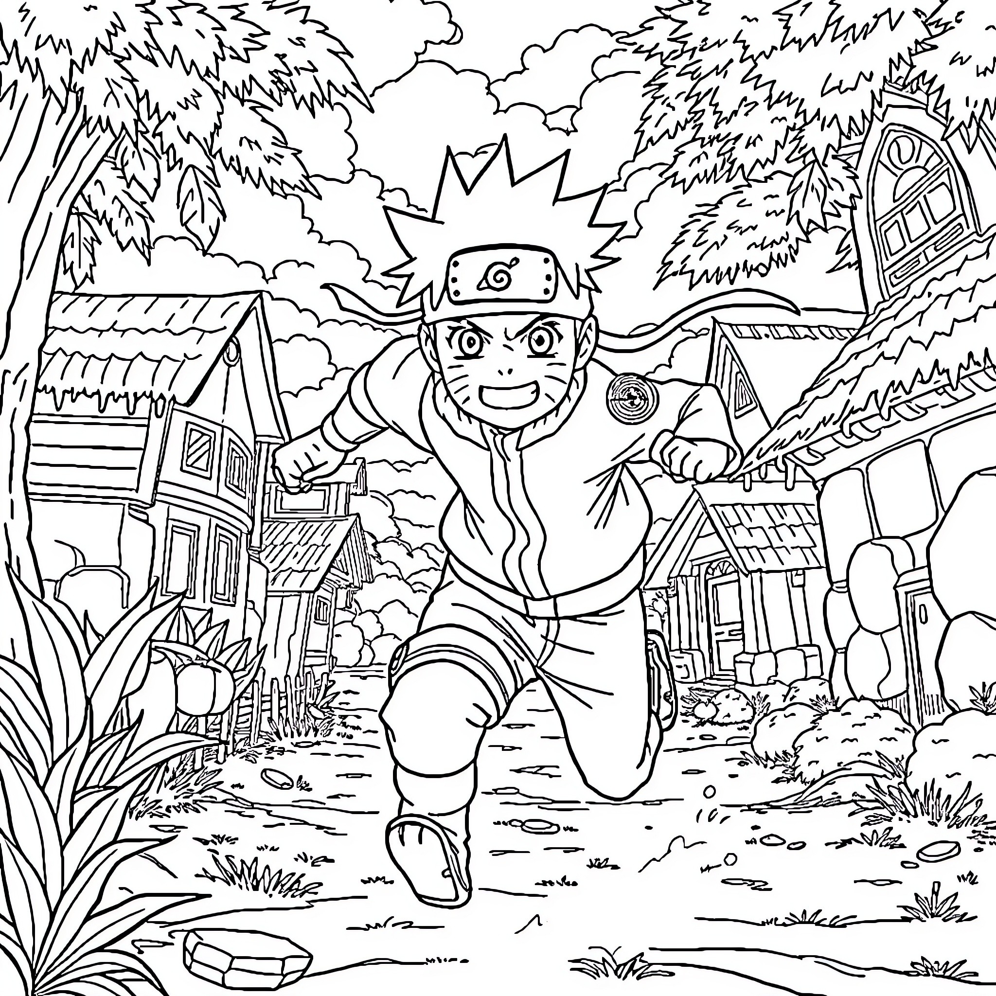 Naruto charging through the village with determination Coloring Page (free black-and-white line drawing printable PDF for all, from beginners to advanced learners, including children, teens, adults, and seniors)