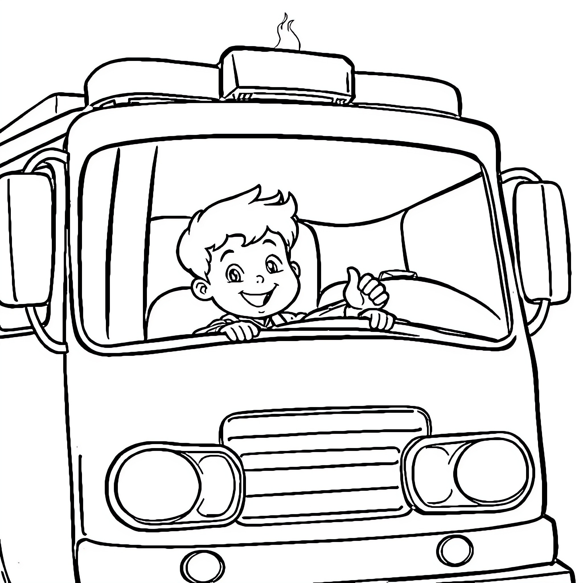Boy peeks out from inside a truck Coloring Page (free black-and-white line drawing printable PDF for all, from beginners to advanced learners, including children, teens, adults, and seniors)