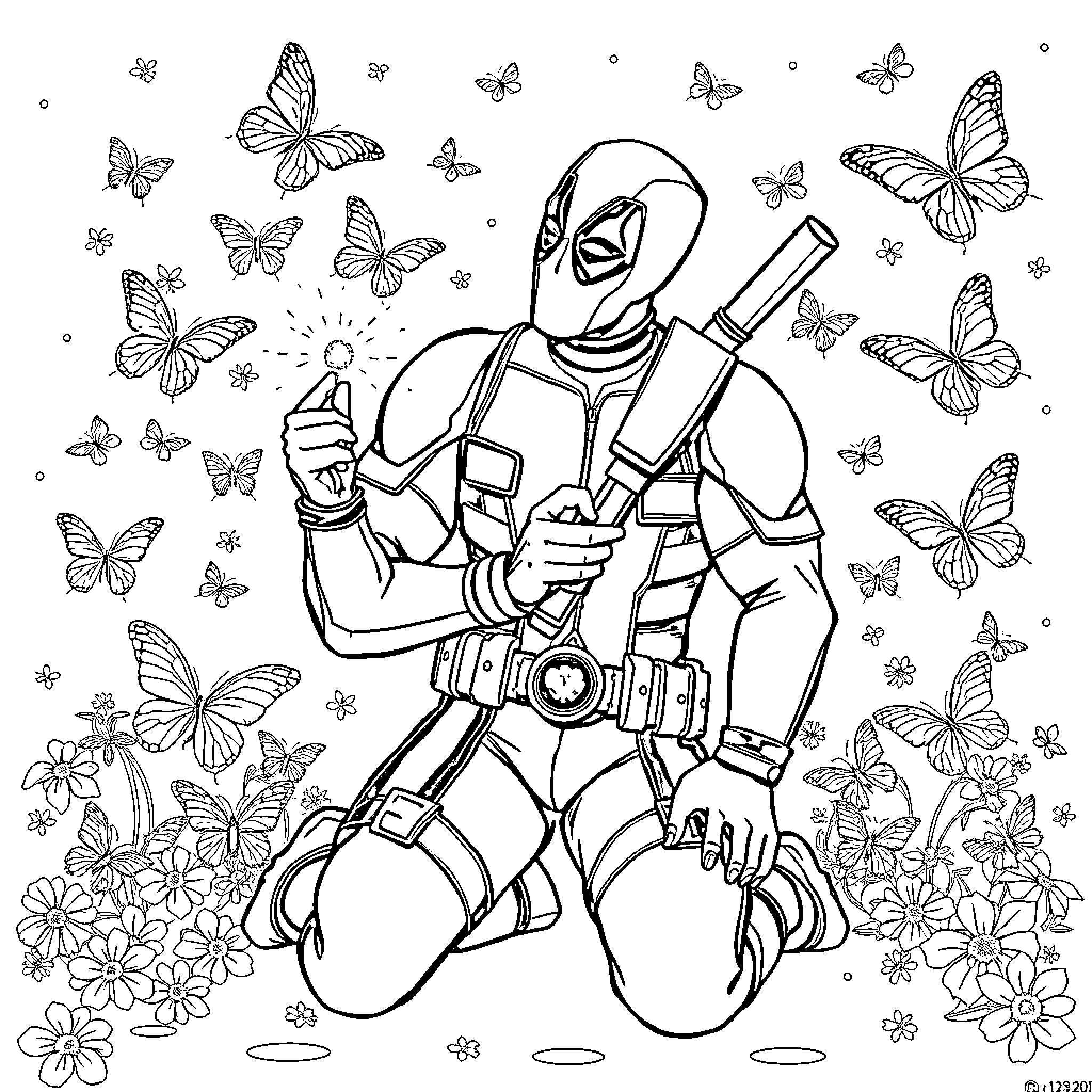 Deadpool in a Serene Floral Scene Coloring Page (free black-and-white line drawing printable PDF for all, from beginners to advanced learners, including children, teens, adults, and seniors)