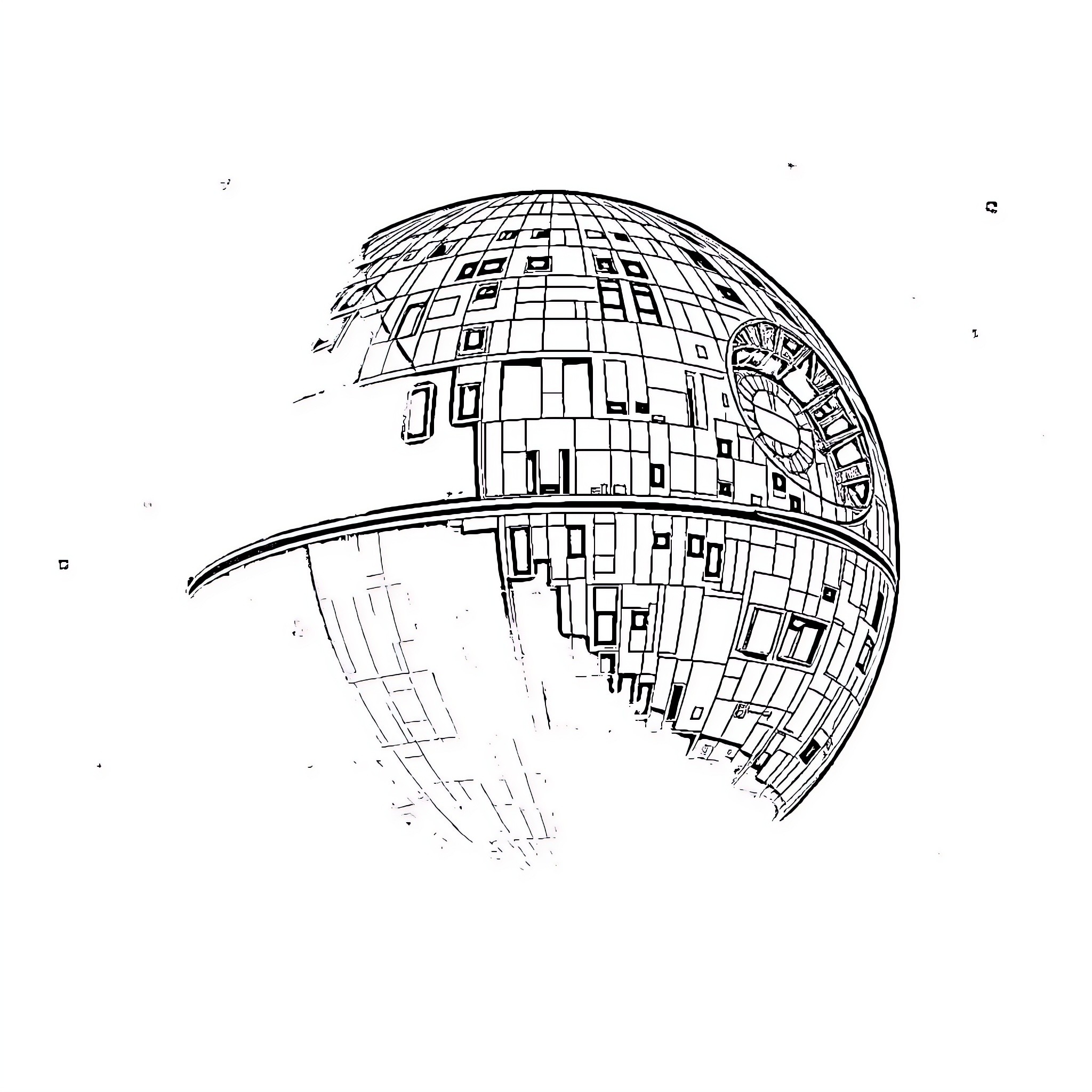 Death Star with intricate mechanical design Coloring Page (free black-and-white line drawing printable PDF for all, from beginners to advanced learners, including children, teens, adults, and seniors)