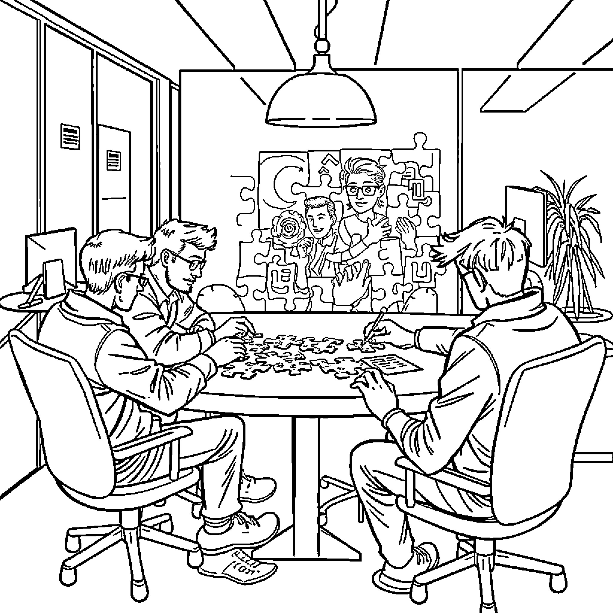 Guy solving jigsaw puzzle with colleagues in office Coloring Page (free black-and-white line drawing printable PDF for all, from beginners to advanced learners, including children, teens, adults, and seniors)