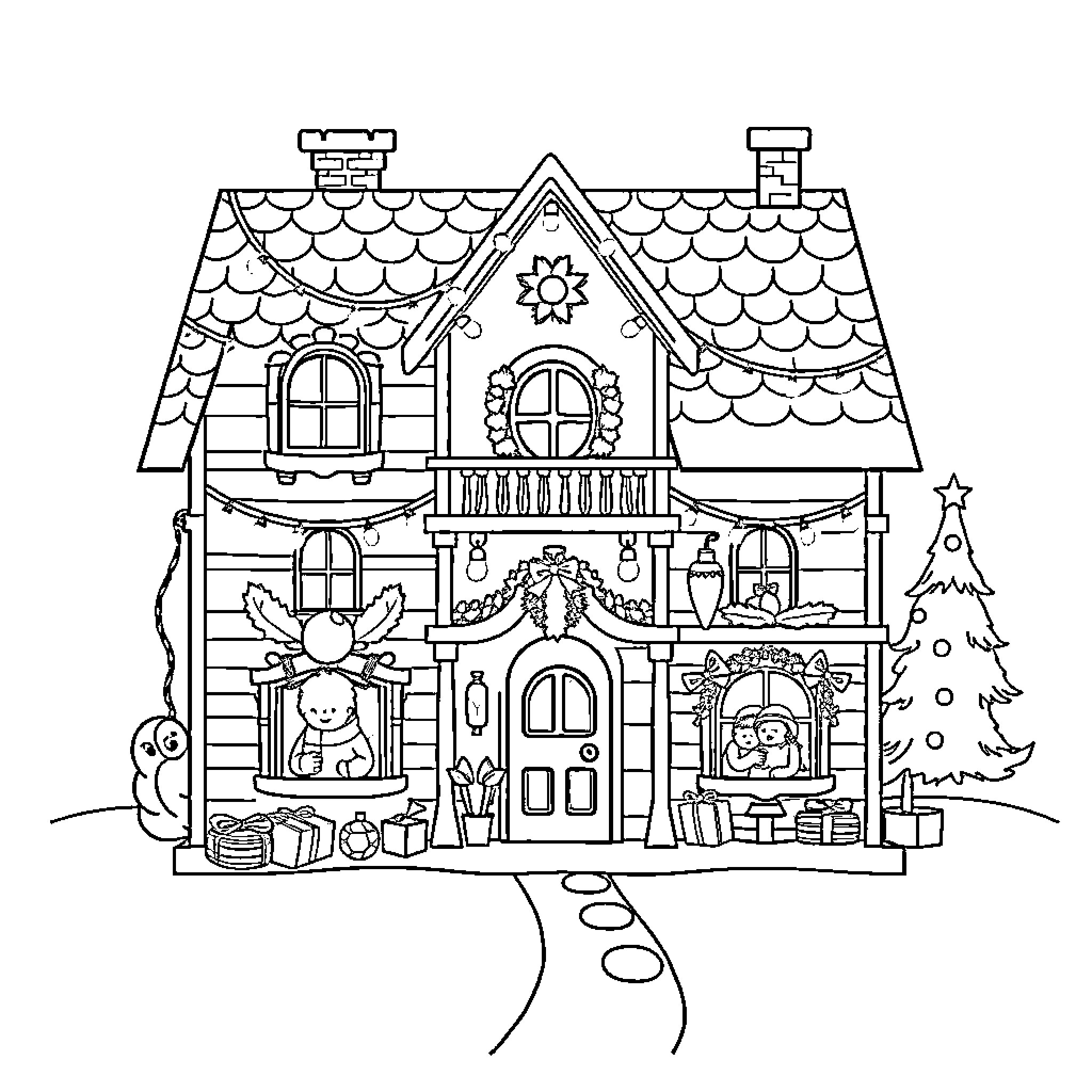 Dollhouse with festive decorations and holiday characters Coloring Page (free black-and-white line drawing printable PDF for all, from beginners to advanced learners, including children, teens, adults, and seniors)