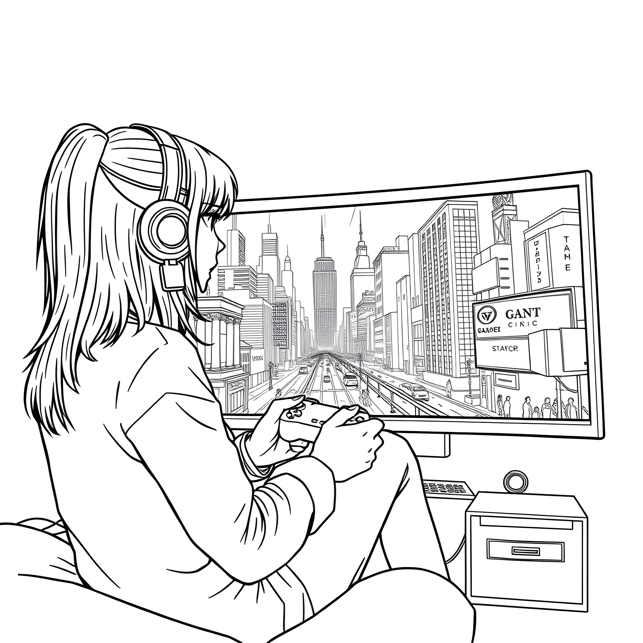 Goth Girl Gaming in the City Coloring Page (free black-and-white line drawing printable PDF for all, from beginners to advanced learners, including children, teens, adults, and seniors)