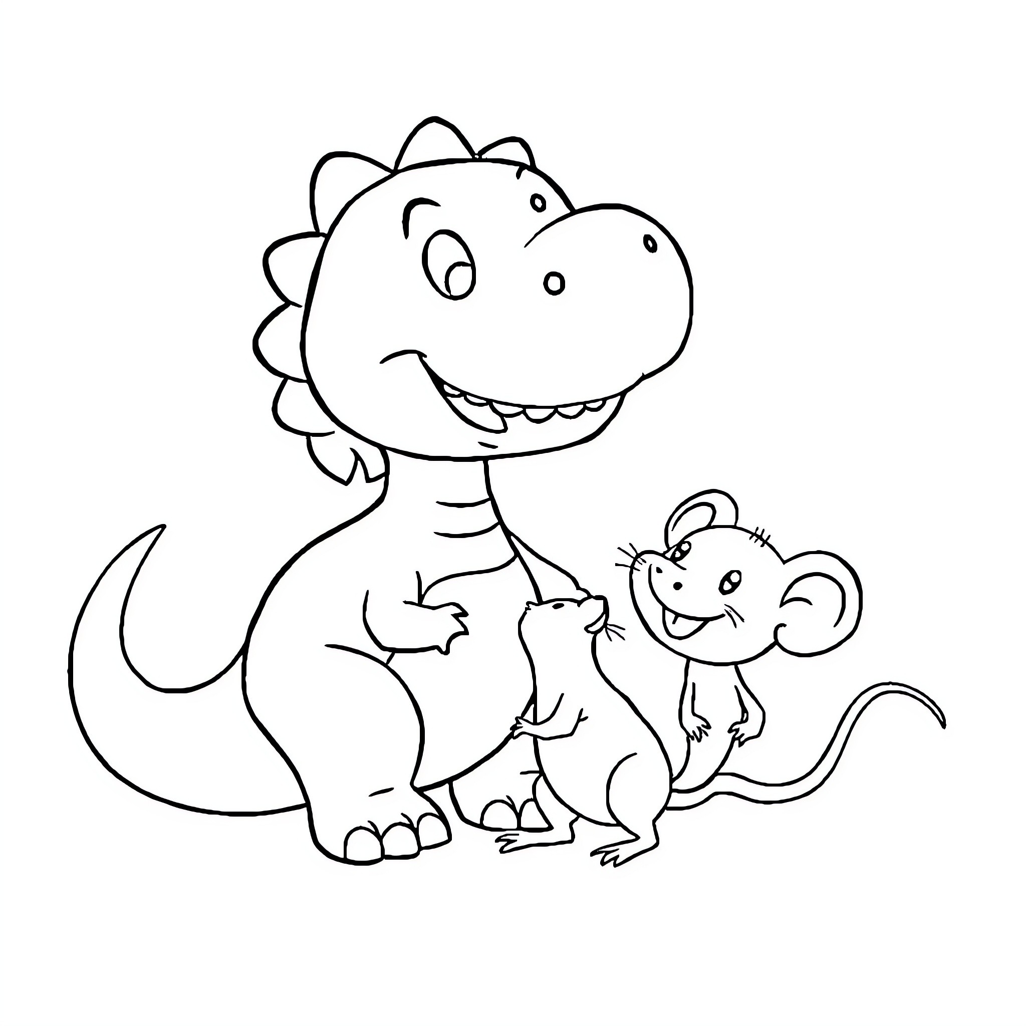 Dinosaur and mouse playing together Coloring Page (free black-and-white line drawing printable PDF for all, from beginners to advanced learners, including children, teens, adults, and seniors)