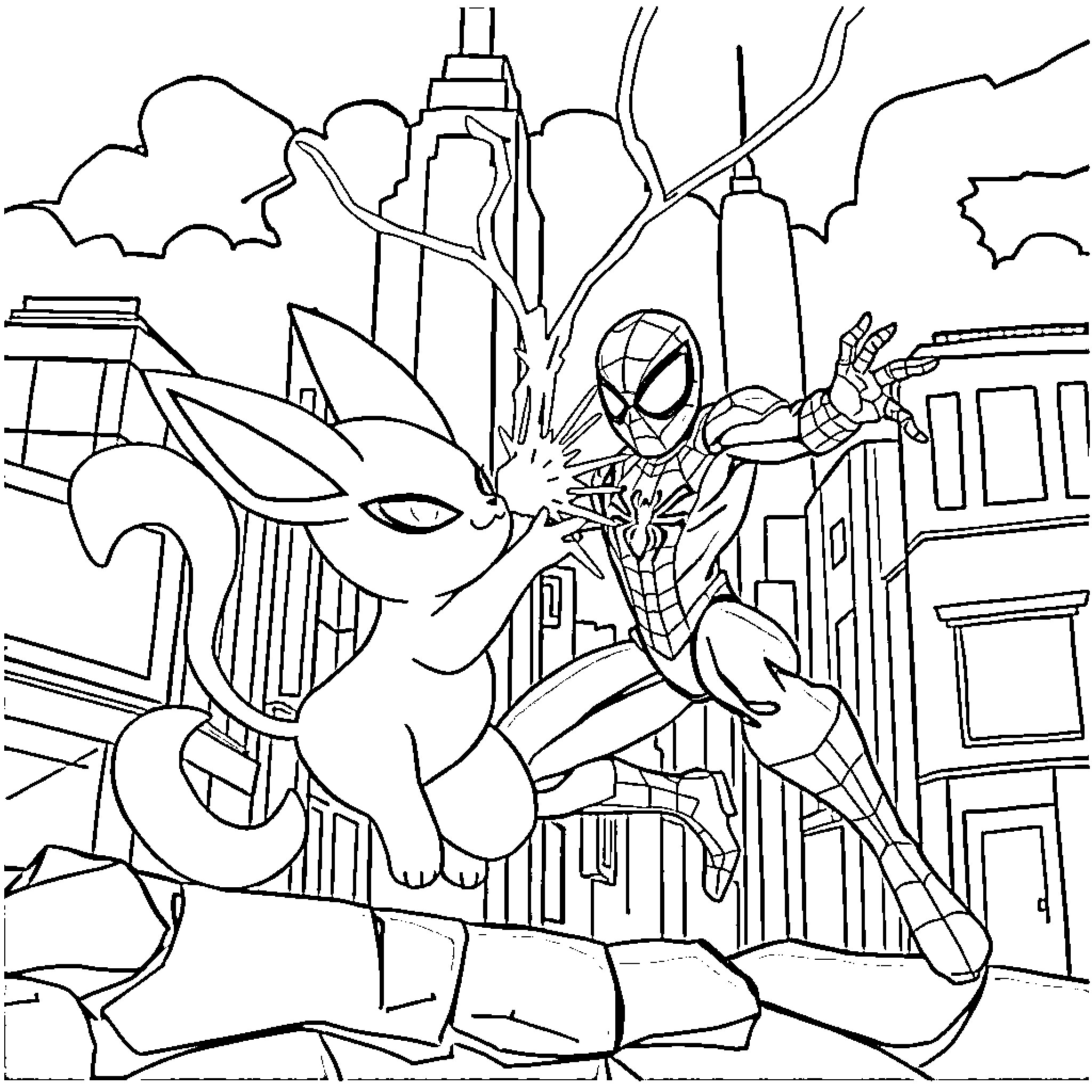 Mew Spiderman and Eevee Explore City Coloring Page (free black-and-white line drawing printable PDF for all, from beginners to advanced learners, including children, teens, adults, and seniors)