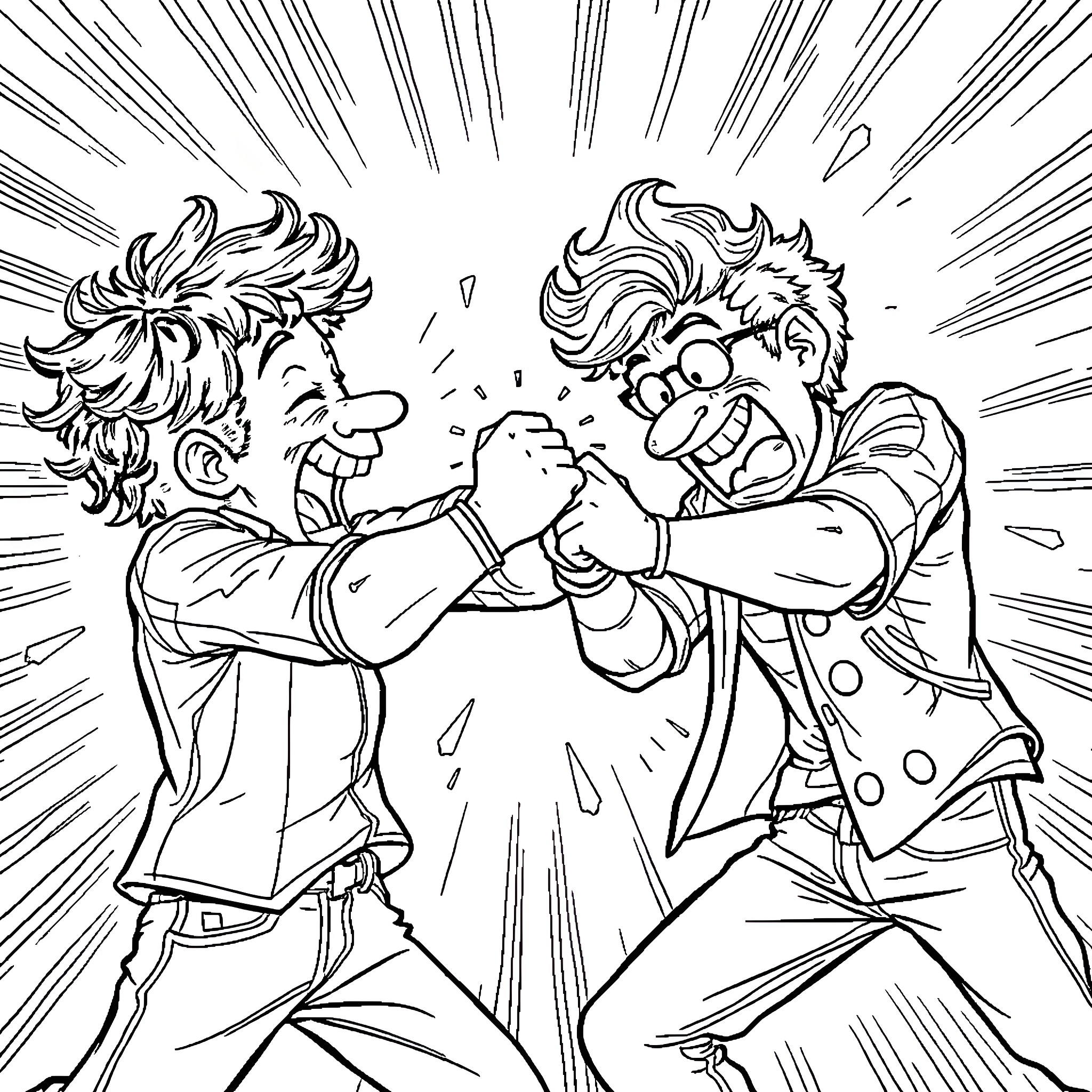 Micheal Cera in comical fight scene Coloring Page (free black-and-white line drawing printable PDF for all, from beginners to advanced learners, including children, teens, adults, and seniors)