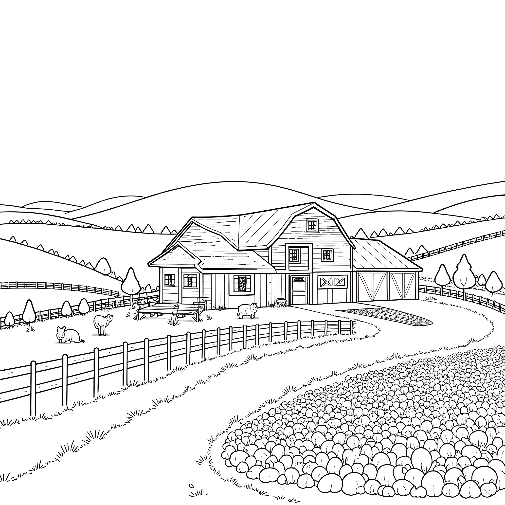 Farm House with Fenced Pasture and Rolling Hills Coloring Page (free black-and-white line drawing printable PDF for all, from beginners to advanced learners, including children, teens, adults, and seniors)