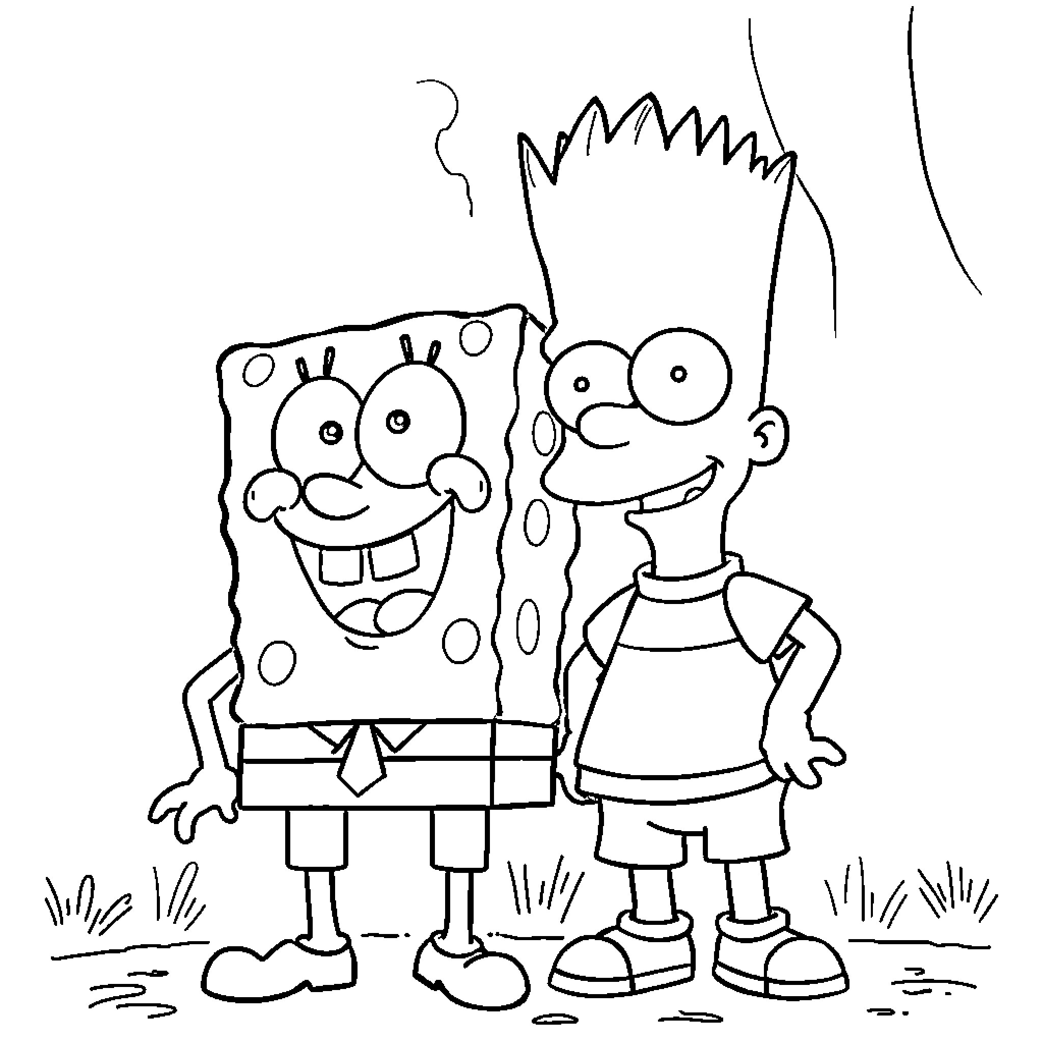 Spongebob and Patrick having fun together Coloring Page (free black-and-white line drawing printable PDF for all, from beginners to advanced learners, including children, teens, adults, and seniors)