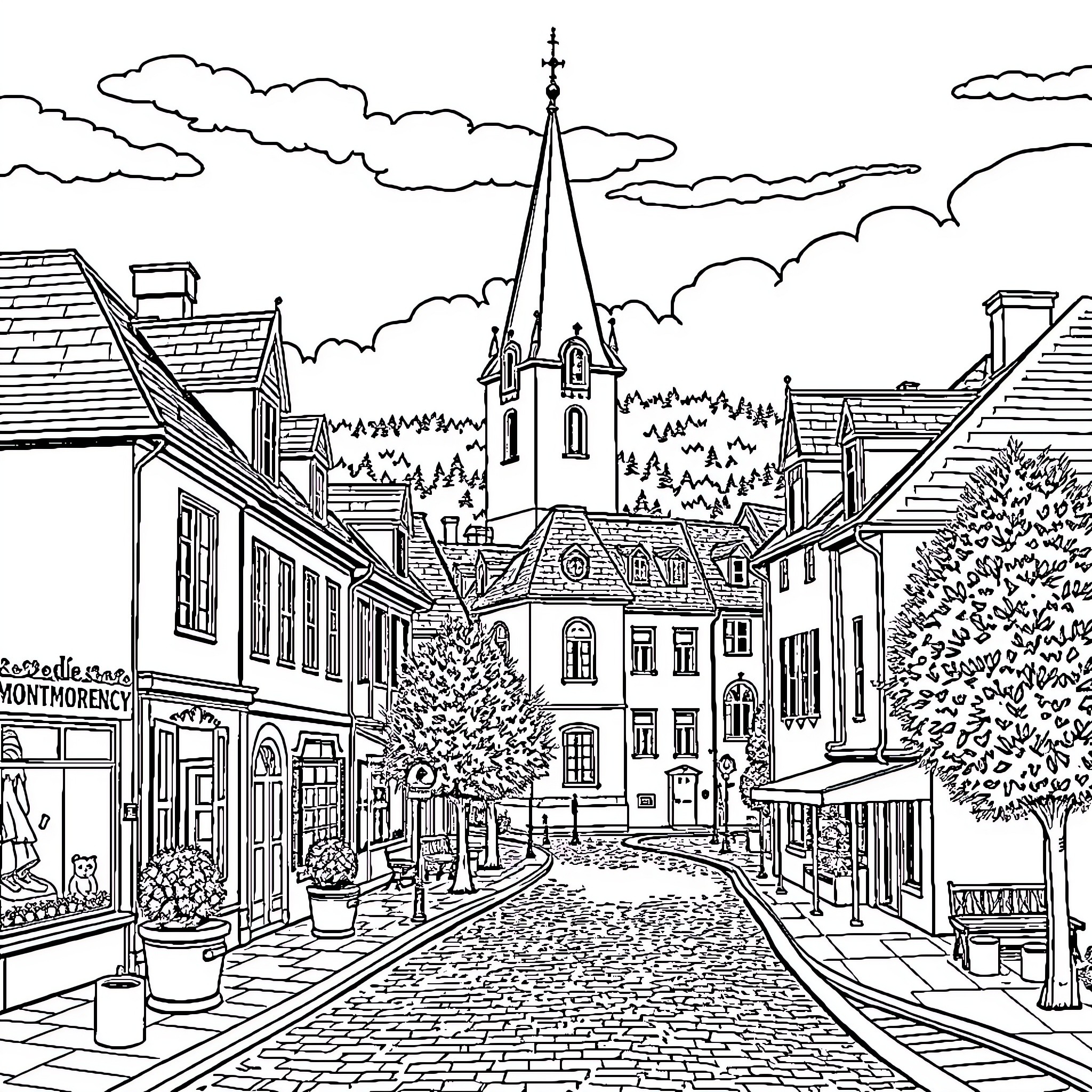 Montmorency's Quaint Town with Church Spire Coloring Page (free black-and-white line drawing printable PDF for all, from beginners to advanced learners, including children, teens, adults, and seniors)