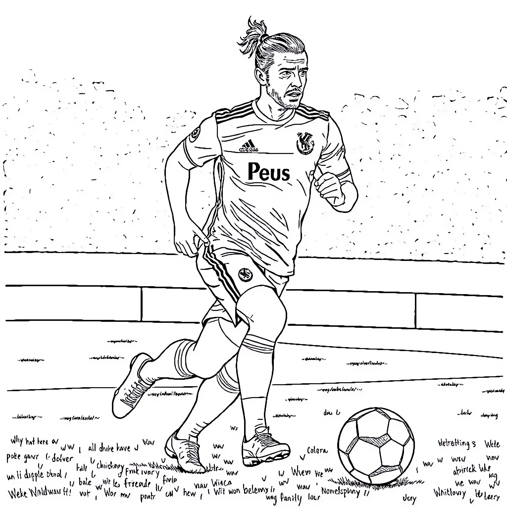 Gareth Bale playing soccer on the field Coloring Page (free black-and-white line drawing printable PDF for all, from beginners to advanced learners, including children, teens, adults, and seniors)