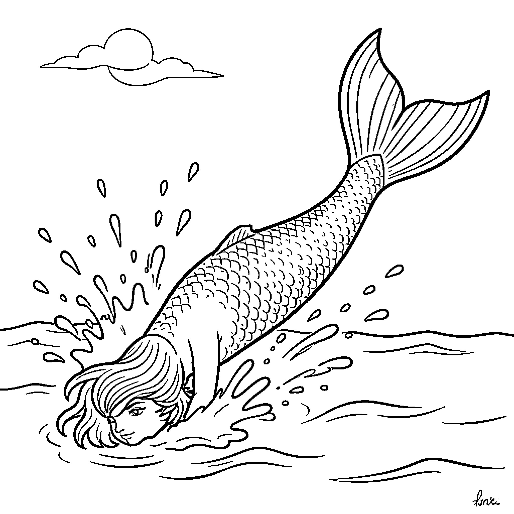 Siren diving gracefully into the ocean waves Coloring Page (free black-and-white line drawing printable PDF for all, from beginners to advanced learners, including children, teens, adults, and seniors)