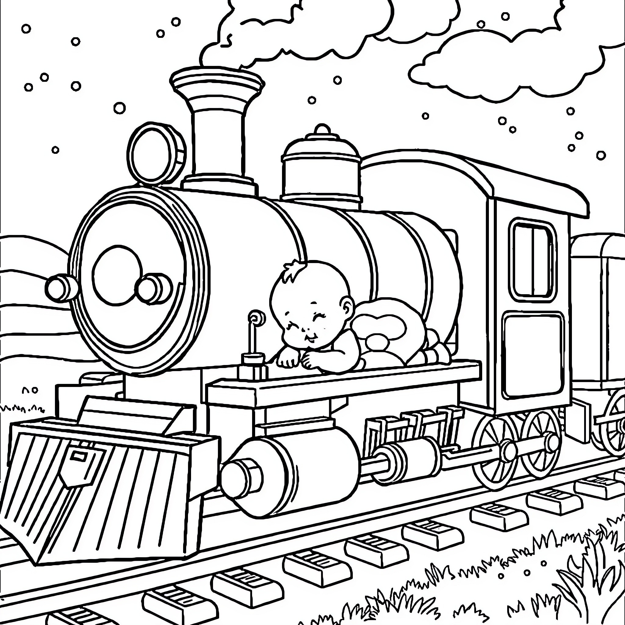Train transporting a sleeping passenger through the snowy landscape Coloring Page (free black-and-white line drawing printable PDF for all, from beginners to advanced learners, including children, teens, adults, and seniors)